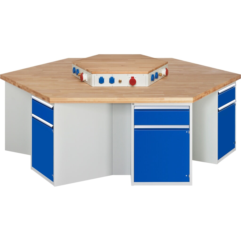 RAU Gruppenwerkbank Serie 4000, Energieaufsatz, 6 Container, Sockel, HxBxT 890 x 2.700 x 2.340 mm, 6 Flügeltüren, 6 x 90%-Auszug-Schubladen mit ErgoScript® Produktabbildung Nr. 1: RAU Gruppenwerkbank Serie 4000, Energieaufsatz, 6 Container, Sockel, HxBxT 890 x 2.700 x 2.340 mm, 6 Flügeltüren, 6 x 90%-Auszug-Schubladen mit ErgoScript®