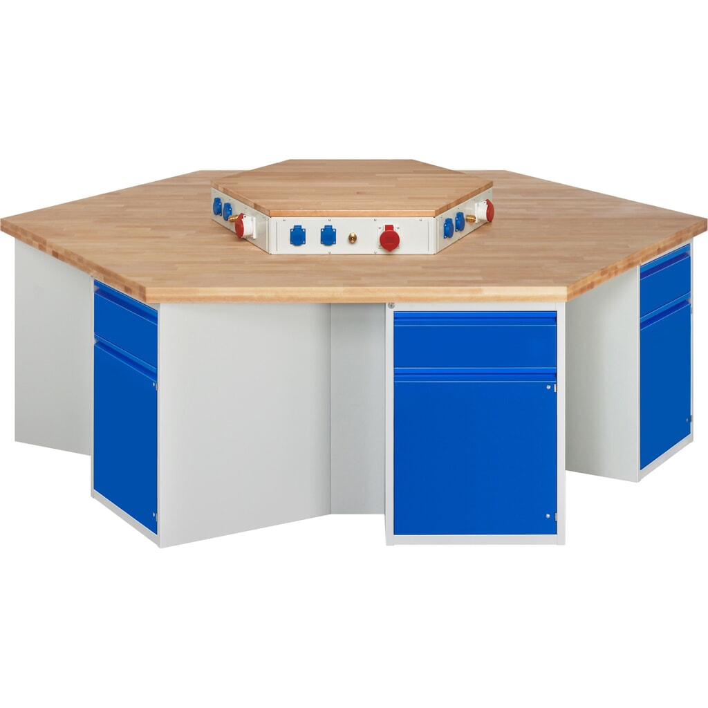 RAU Gruppenwerkbank Serie 4000, Energieaufsatz, 6 Container, HxBxT 840 x 2.700 x 2.340 mm, 6 Flügeltüren, 6 x 90%-Auszug-Schubladen mit Griffkantung Produktabbildung Nr. 1: RAU Gruppenwerkbank Serie 4000, Energieaufsatz, 6 Container, HxBxT 840 x 2.700 x 2.340 mm, 6 Flügeltüren, 6 x 90%-Auszug-Schubladen mit Griffkantung