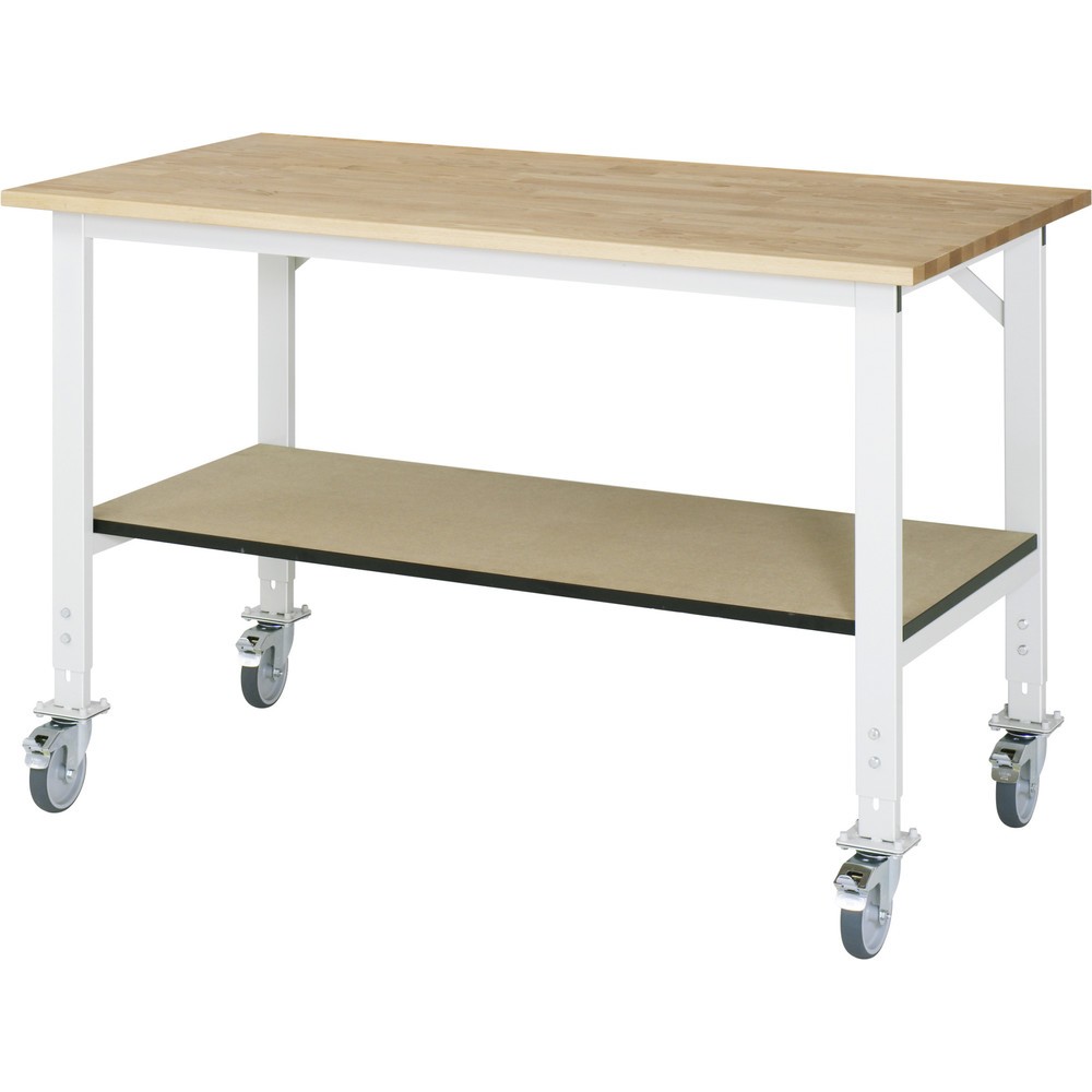 Produktabbildung: RAU höhenverstellbarer, mobiler Werktisch Serie TOM, HxBxT 760-1.080 x 1.500 x 800 mm, Arbeitsplatte Buche-Massiv