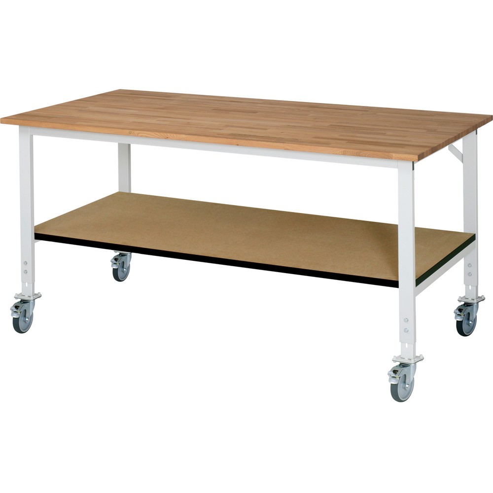 Produktabbildung: RAU höhenverstellbarer, mobiler Werktisch Serie TOM, HxBxT 760-1.080 x 2.500 x 1.000 mm, Arbeitsplatte Buche-Massiv