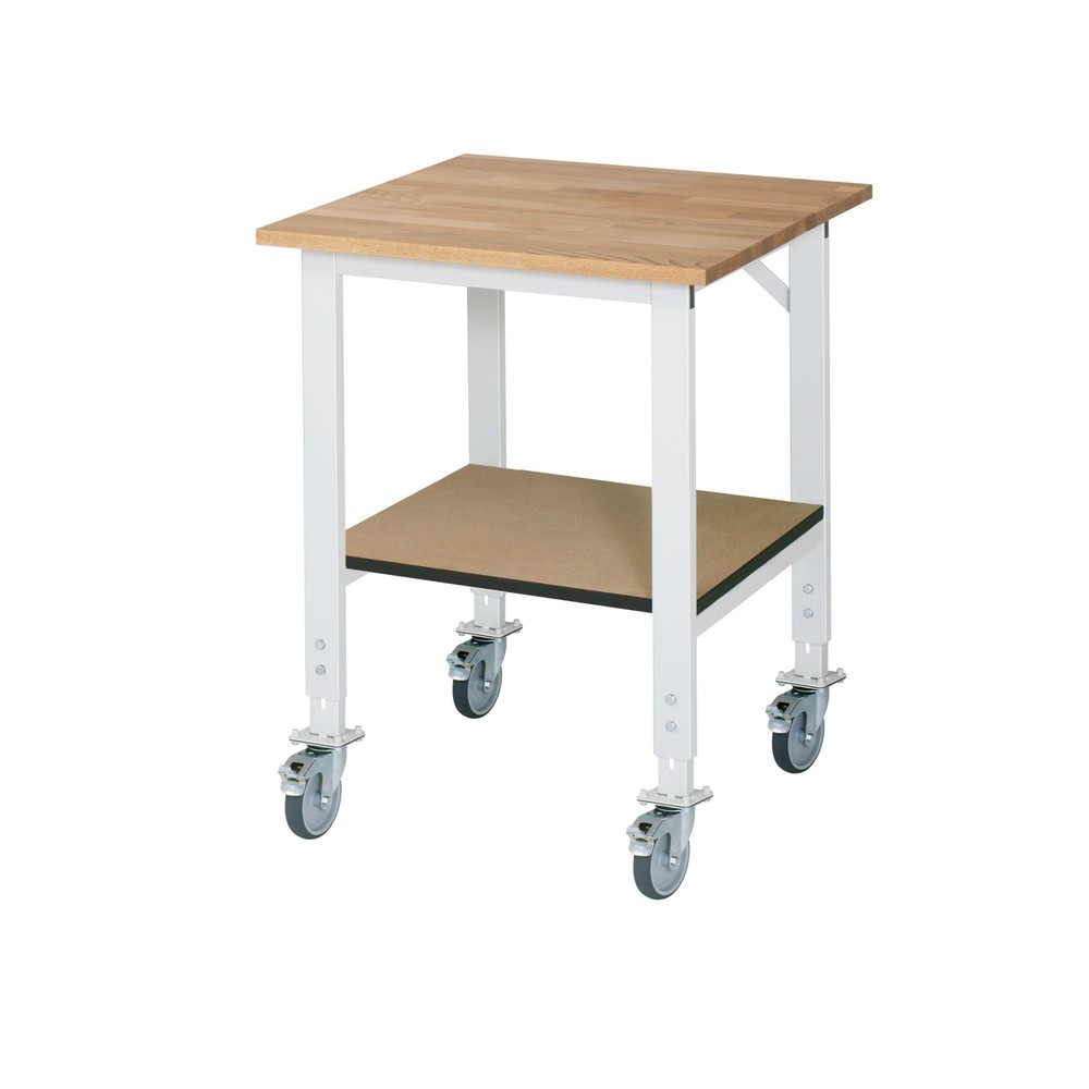 Produktabbildung: RAU höhenverstellbarer, mobiler Werktisch Serie TOM, HxBxT 760-1.080 x 750 x 800 mm, Arbeitsplatte Buche-Massiv