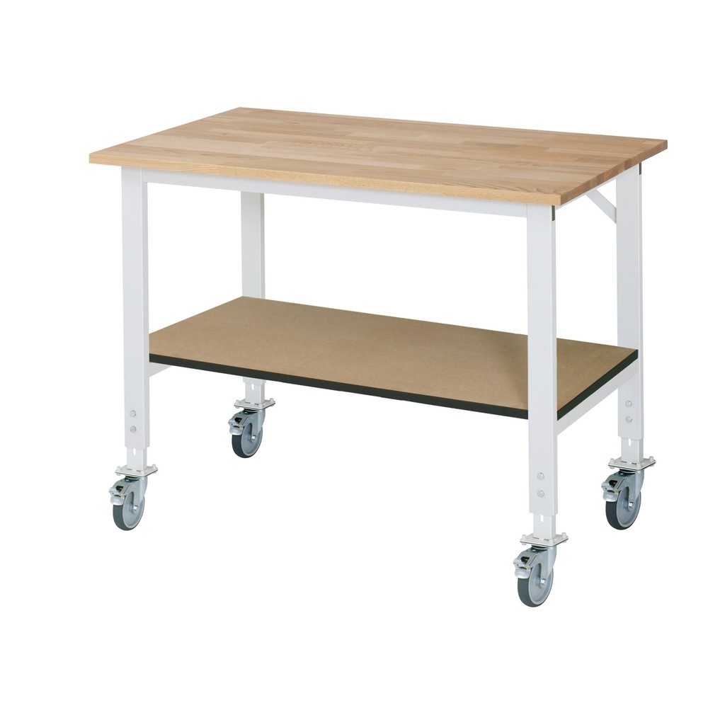 Produktabbildung: RAU höhenverstellbarer, mobiler Werktisch Serie TOM, HxBxT 760-1.080 x 1.250 x 800 mm, Arbeitsplatte Buche-Massiv