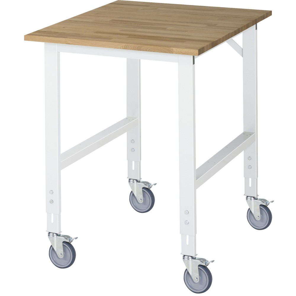 Produktabbildung: RAU höhenverstellbarer, mobiler Werktisch Serie TOM, Höhe 910-1.230 mm, BxT 750 x 1.000 mm, Arbeitplatte Buche-Massiv