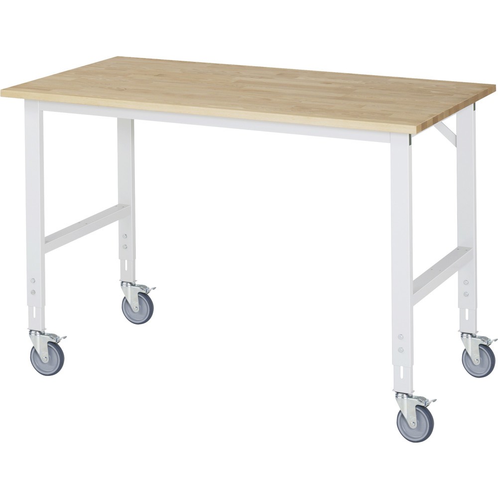 Produktabbildung: RAU höhenverstellbarer, mobiler Werktisch Serie TOM, Höhe 910-1.230 mm, BxT 1.500 x 800 mm, Arbeitplatte Buche-Massiv