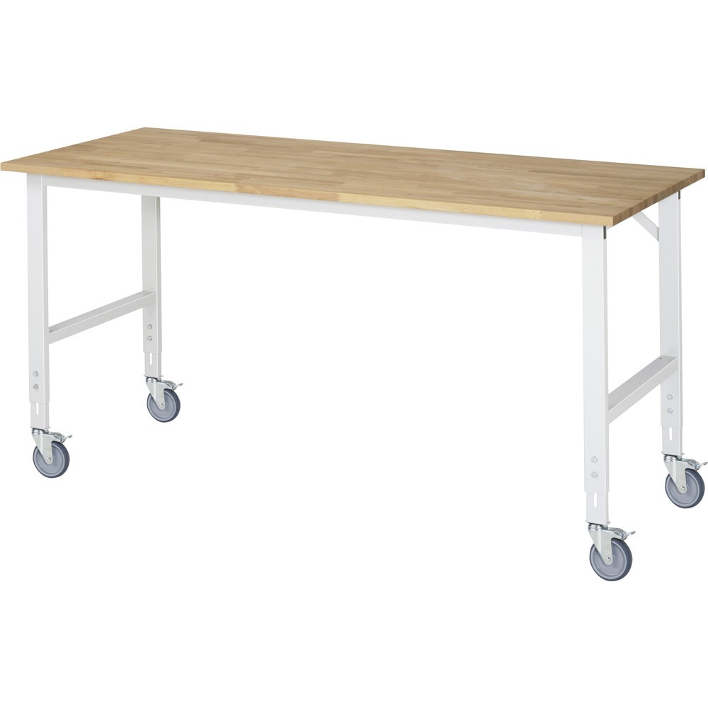 Produktabbildung: RAU höhenverstellbarer, mobiler Werktisch Serie TOM, Höhe 910-1.230 mm, BxT 2.500 x 800 mm, Arbeitplatte Buche-Massiv
