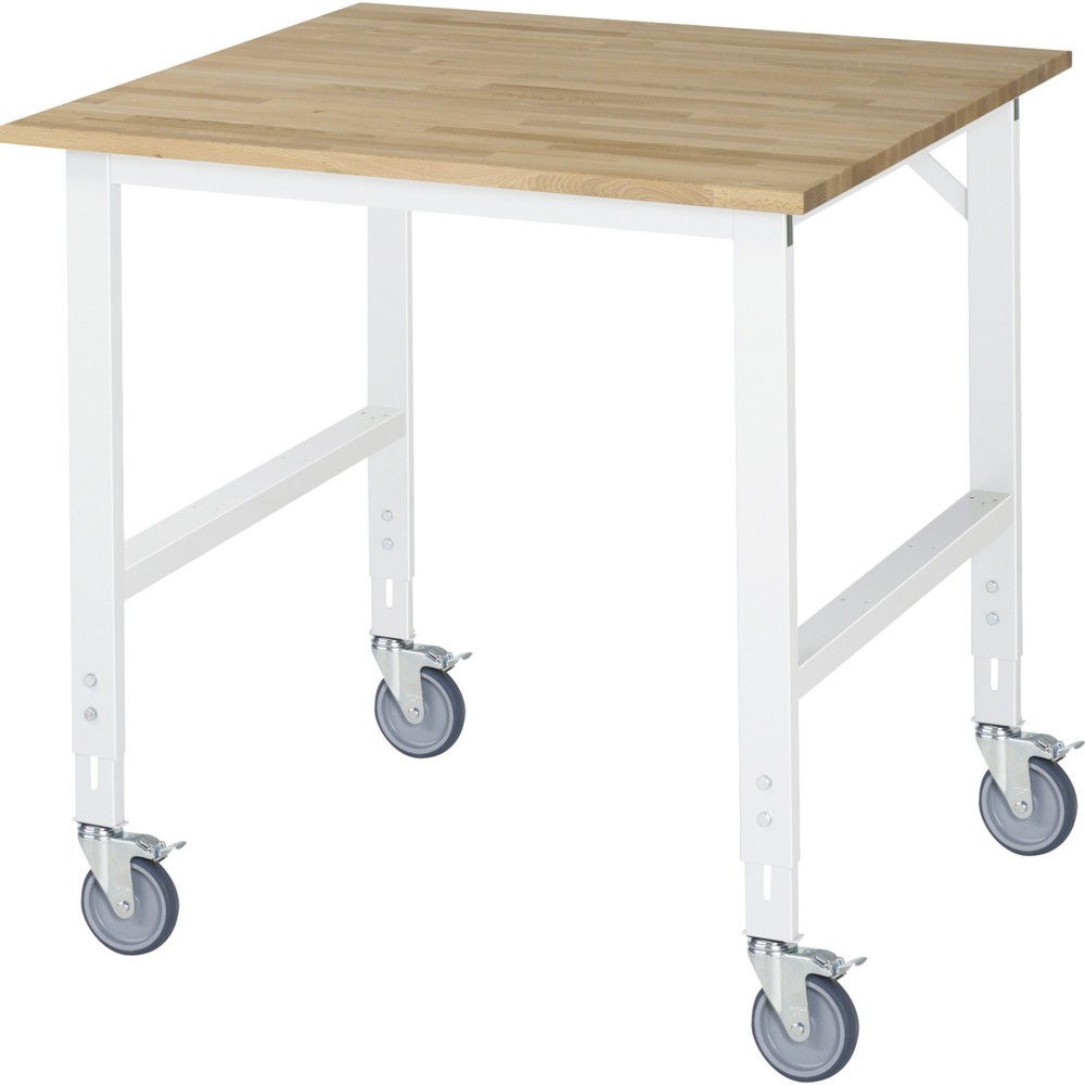Produktabbildung: RAU höhenverstellbarer, mobiler Werktisch Serie TOM, Höhe 910-1.230 mm, BxT 1.000 x 1.000 mm, Arbeitplatte Buche-Massiv