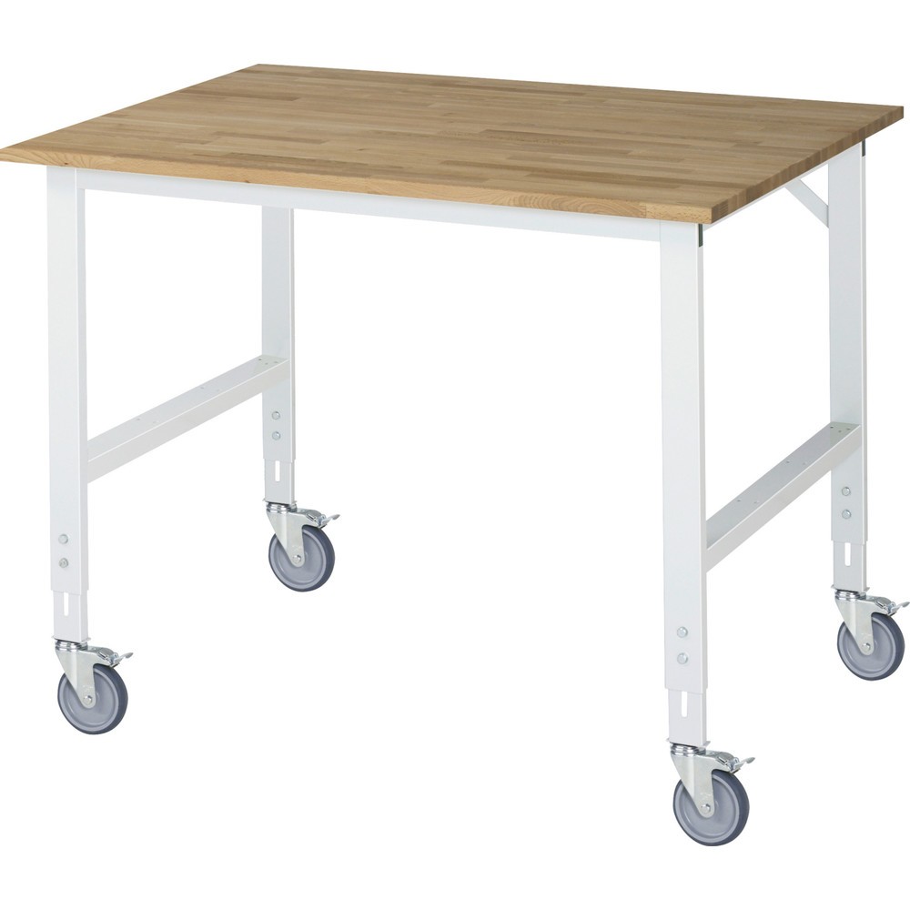Produktabbildung: RAU höhenverstellbarer, mobiler Werktisch Serie TOM, Höhe 910-1.230 mm, BxT 1.250 x 1.000 mm, Arbeitplatte Buche-Massiv