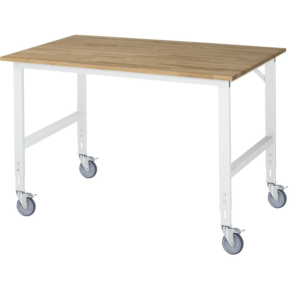 Produktabbildung: RAU höhenverstellbarer, mobiler Werktisch Serie TOM, Höhe 910-1.230 mm, BxT 1.500 x 1.000 mm, Arbeitplatte Buche-Massiv