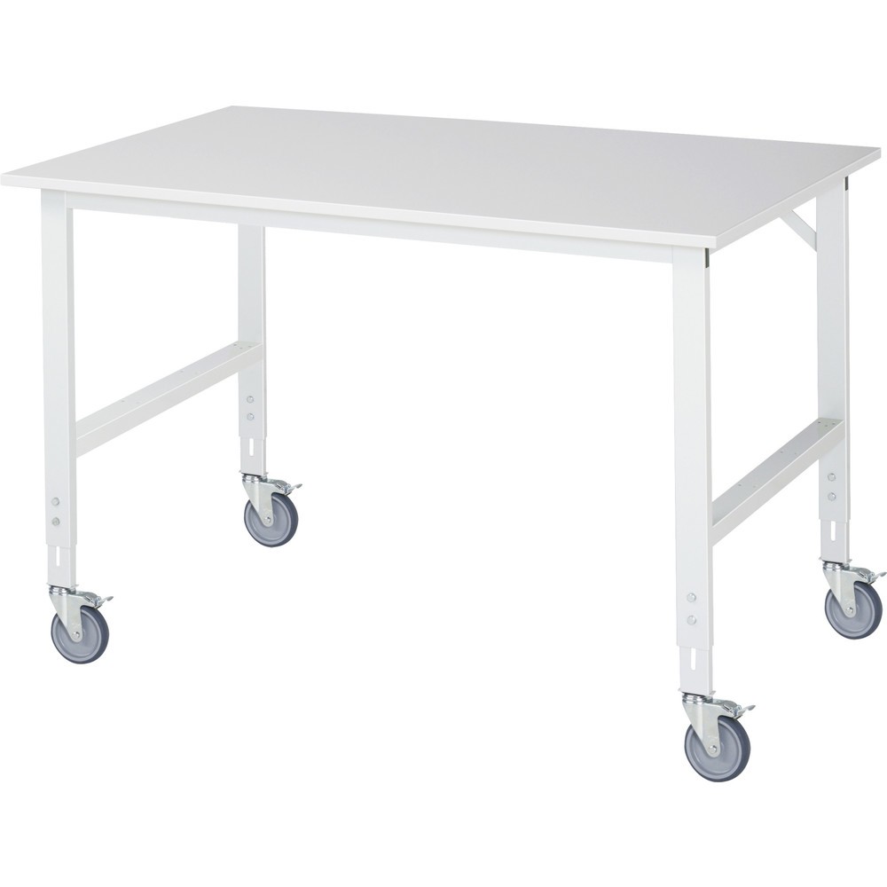 Produktabbildung: RAU höhenverstellbarer, mobiler Werktisch Serie TOM, Höhe 910-1.230 mm, BxT 1.500 x 1.000 mm, Arbeitplatte Melamin-Belag