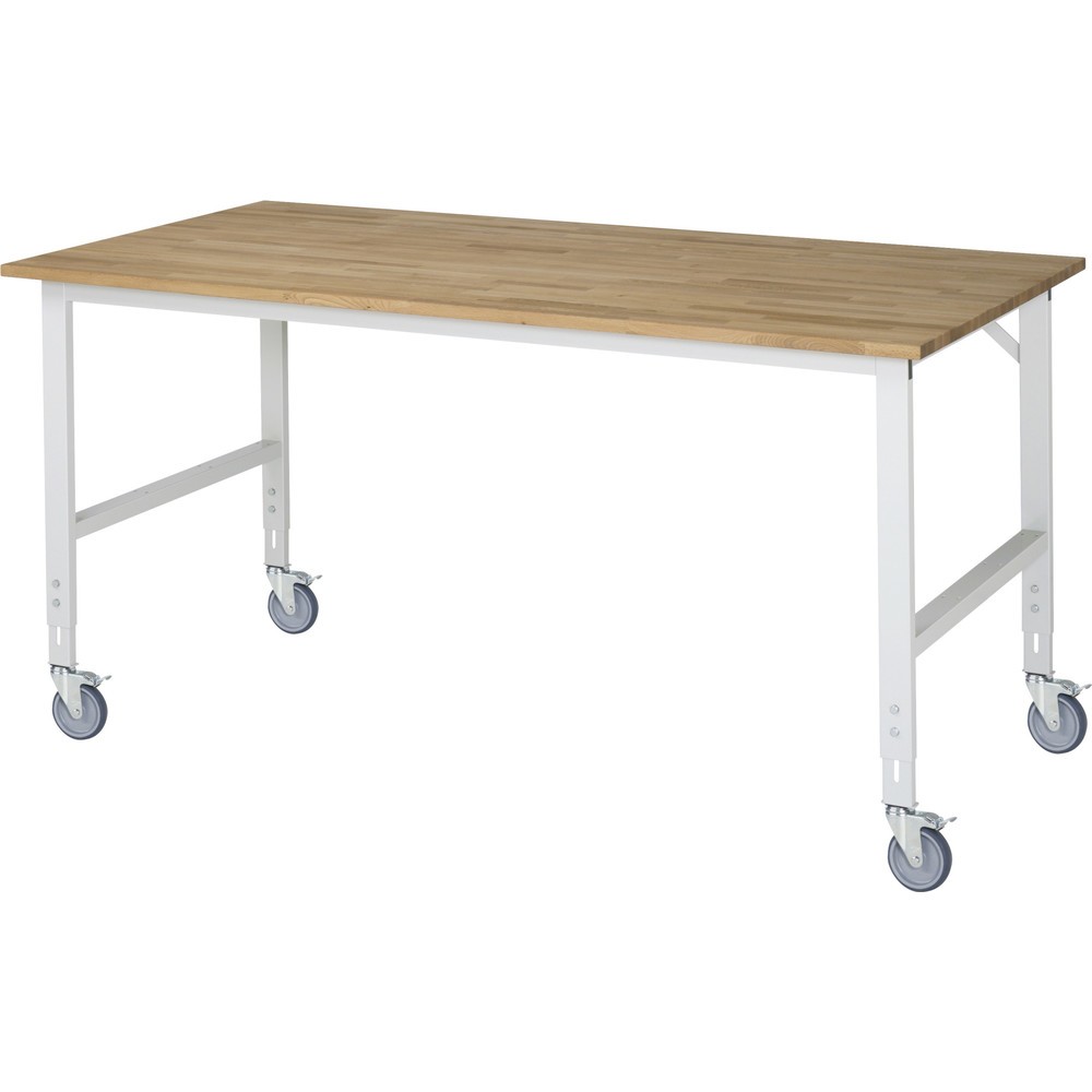 Produktabbildung: RAU höhenverstellbarer, mobiler Werktisch Serie TOM, Höhe 910-1.230 mm, BxT 2.500 x 1.000 mm, Arbeitplatte Buche-Massiv