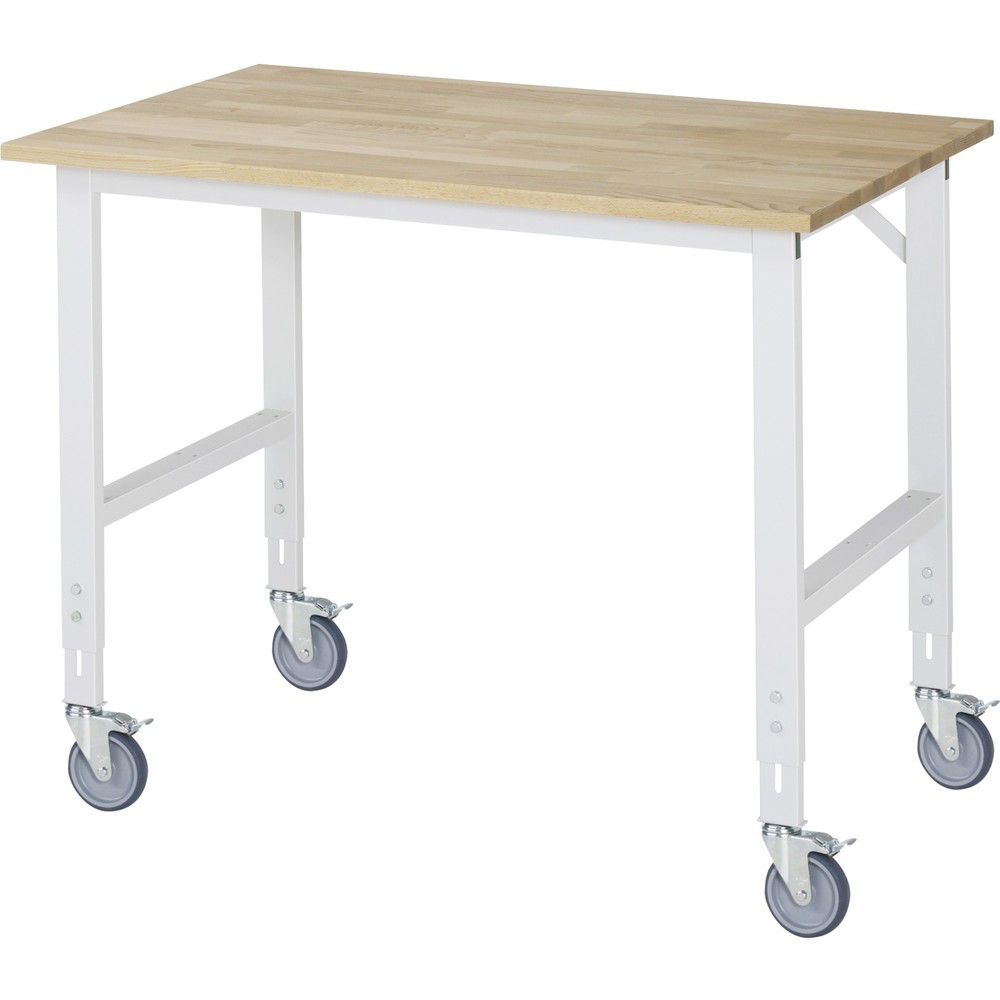 Produktabbildung: RAU höhenverstellbarer, mobiler Werktisch Serie TOM, Höhe 910-1.230 mm, BxT 1.250 x 800 mm, Arbeitplatte Buche-Massiv
