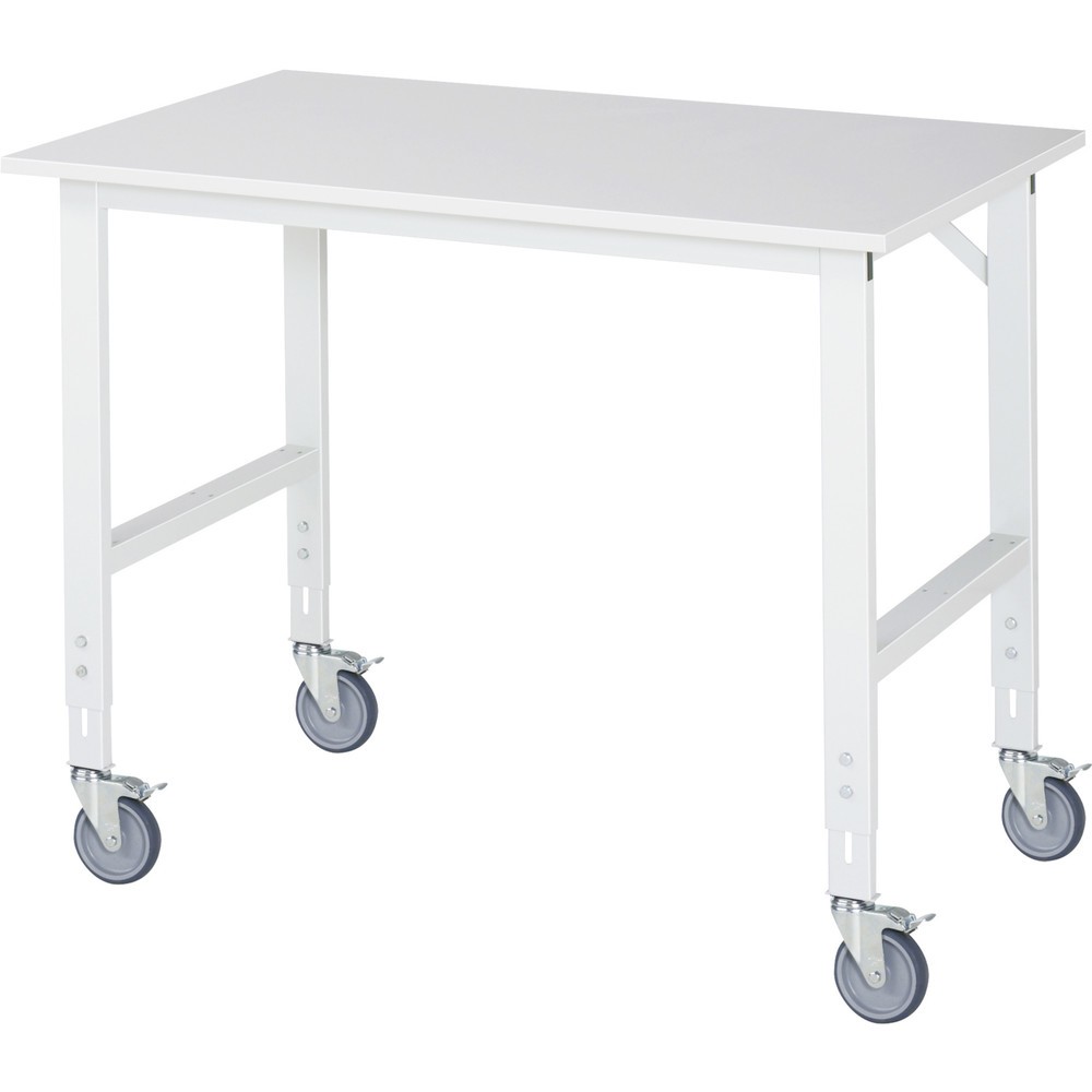 Produktabbildung: RAU höhenverstellbarer, mobiler Werktisch Serie TOM, Höhe 910-1.230 mm, BxT 1.250 x 800 mm, Arbeitplatte Melamin-Belag