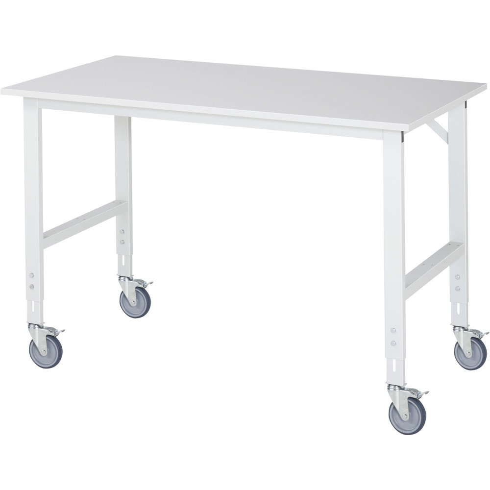 Produktabbildung: RAU höhenverstellbarer, mobiler Werktisch Serie TOM, Höhe 910-1.230 mm, BxT 1.500 x 800 mm, Arbeitplatte Melamin-Belag