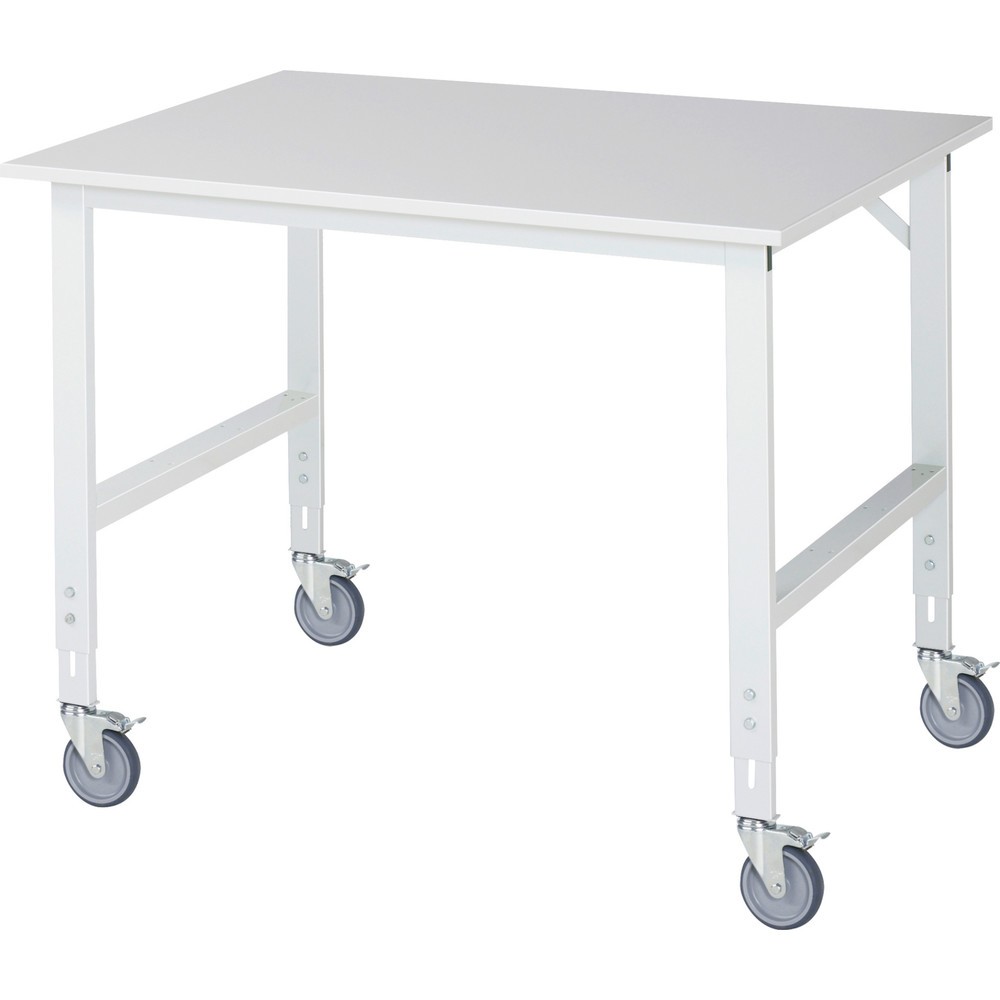 Produktabbildung: RAU höhenverstellbarer, mobiler Werktisch Serie TOM, Höhe 910-1.230 mm, BxT 1.250 x 1.000 mm, Arbeitplatte Melamin-Belag