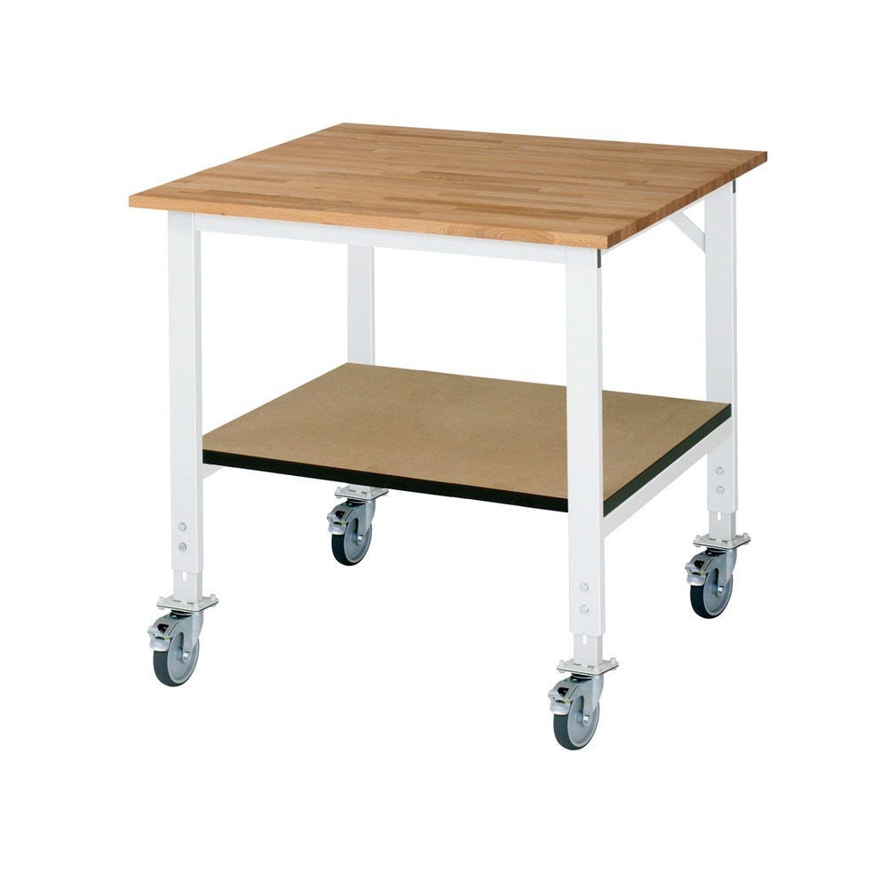 Produktabbildung: RAU höhenverstellbarer, mobiler Werktisch Serie TOM mit Ablageboden, HxBxT 910-1.230 x 1.000 x 1.000 mm, Arbeitsplatte Buche-Massiv