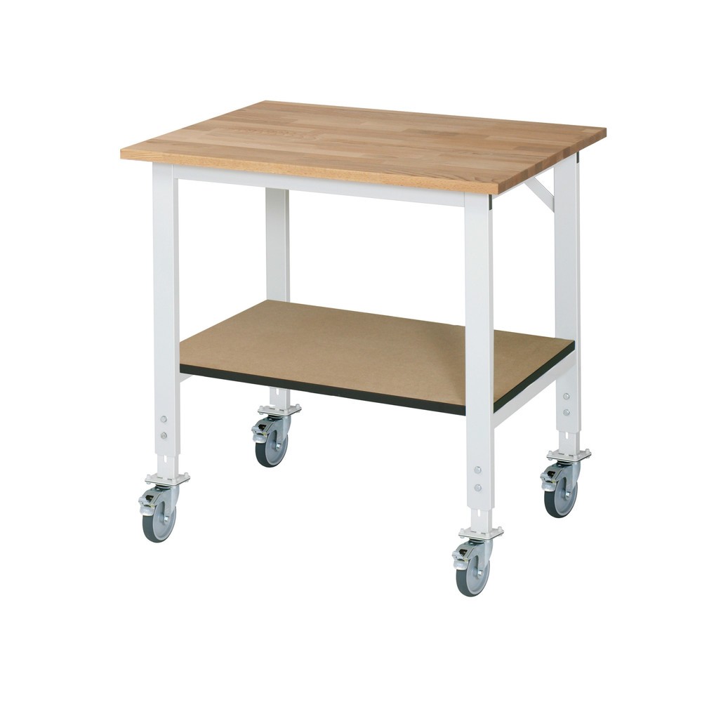 Produktabbildung: RAU höhenverstellbarer, mobiler Werktisch Serie TOM mit Ablageboden, HxBxT 910-1.230 x 1.000 x 800 mm, Arbeitsplatte Buche-Massiv