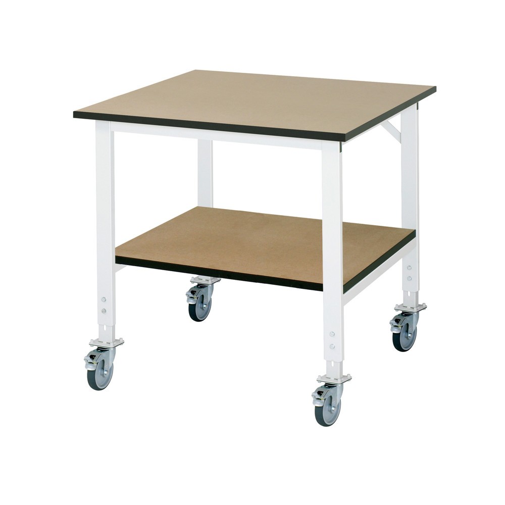 Produktabbildung: RAU höhenverstellbarer, mobiler Werktisch Serie TOM mit Ablageboden, HxBxT 910-1.230 x 1.000 x 1.000 mm, MDF Arbeitsplatte