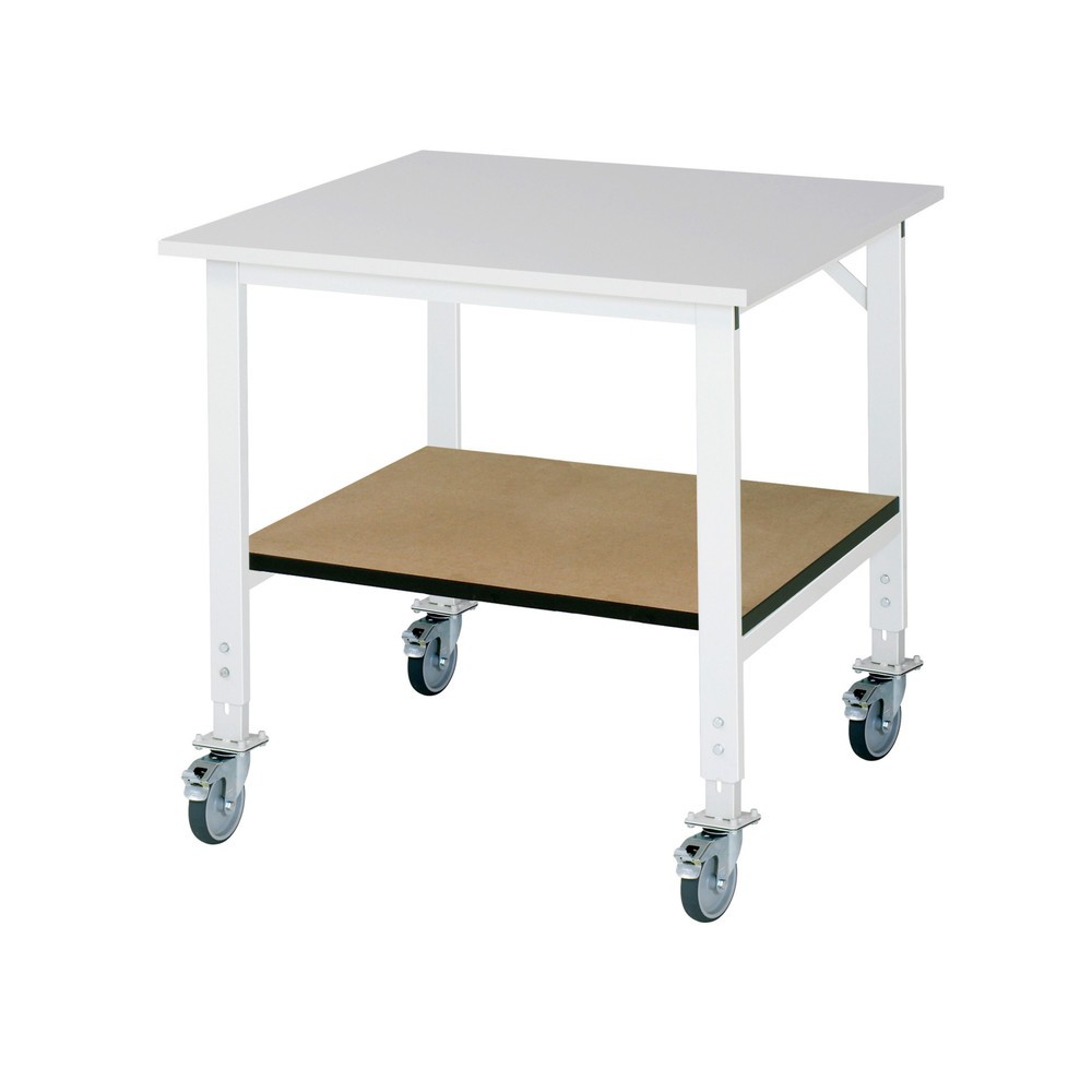 Produktabbildung Nr. 1: RAU höhenverstellbarer, mobiler Werktisch Serie TOM mit Ablageboden, HxBxT 910-1.230 x 1.000 x 1.000 mm, Arbeitsplatte Melamin-Belag