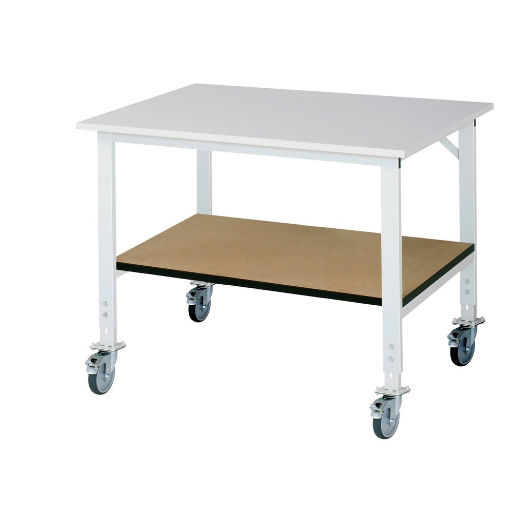 Produktabbildung: RAU höhenverstellbarer, mobiler Werktisch Serie TOM mit Ablageboden, HxBxT 910-1.230 x 1.250 x 1.000 mm, Arbeitsplatte Melamin-Belag