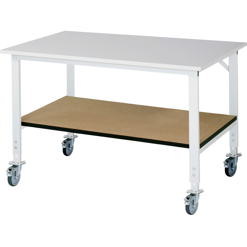 Produktabbildung Nr. 1: RAU höhenverstellbarer, mobiler Werktisch Serie TOM mit Ablageboden, HxBxT 910-1.230 x 1.500 x 1.000 mm, Arbeitsplatte Melamin-Belag