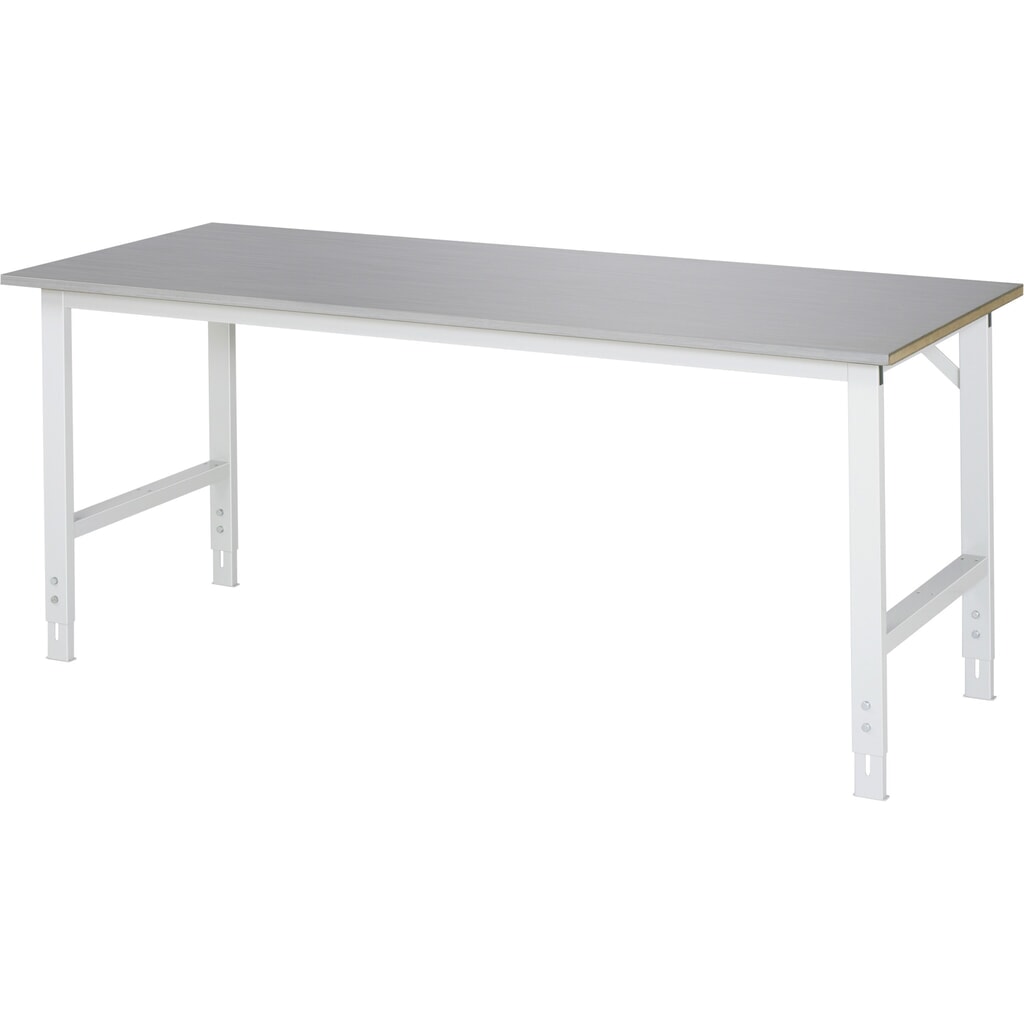 RAU höhenverstellbarer Werktisch Serie TOM, HxBxT 760-1.080 x 2.000 x 800 mm, Arbeitsplatte Edelstahlblech-Belag Produktabbildung: RAU höhenverstellbarer Werktisch Serie TOM, HxBxT 760-1.080 x 2.000 x 800 mm, Arbeitsplatte Edelstahlblech-Belag