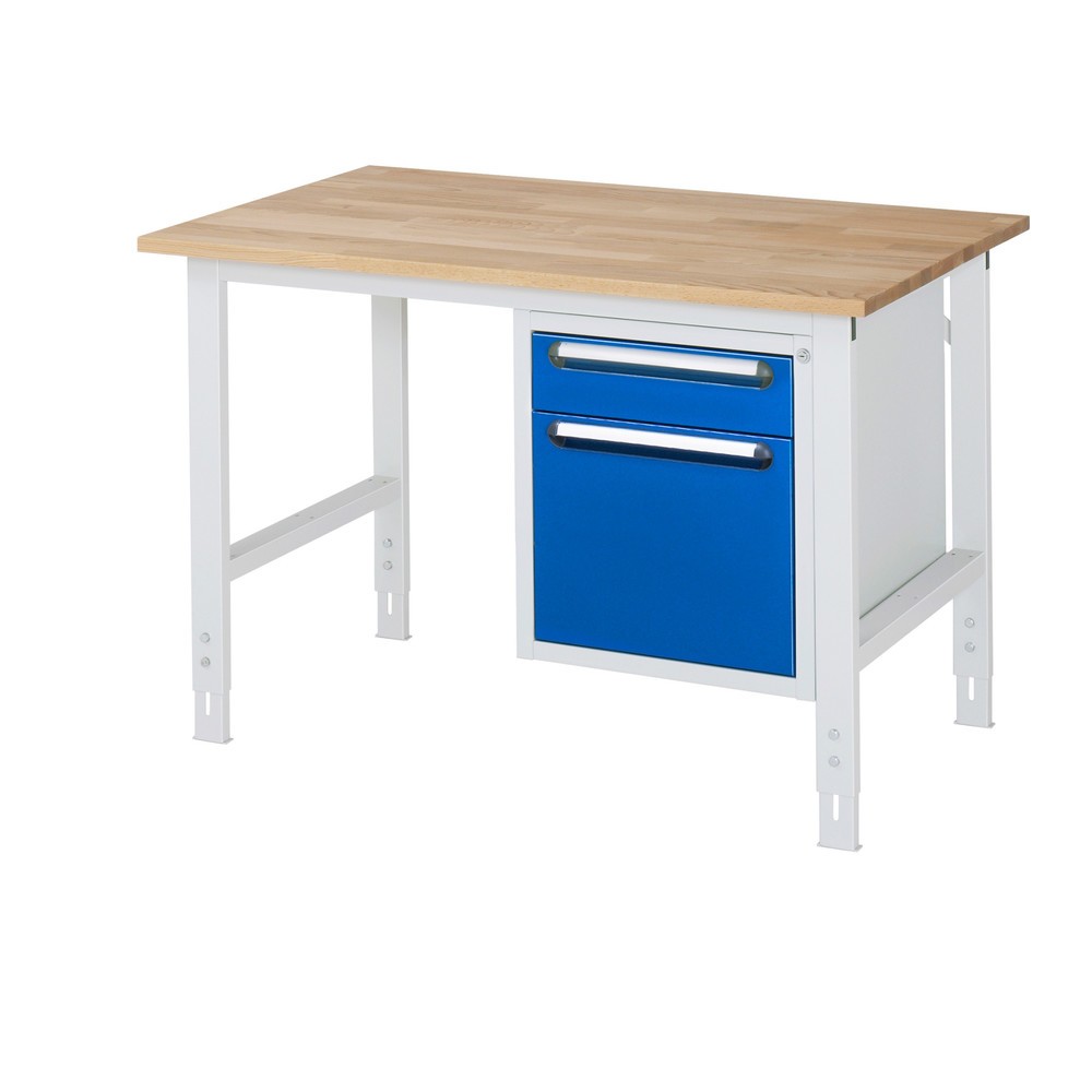 Produktabbildung Nr. 1: RAU höhenverstellbarer Werktisch Serie TOM, HxBxT 760-1.080 x 1.250 x 800 mm, 2 Schubladen, Arbeitsplatte Buche-Massiv
