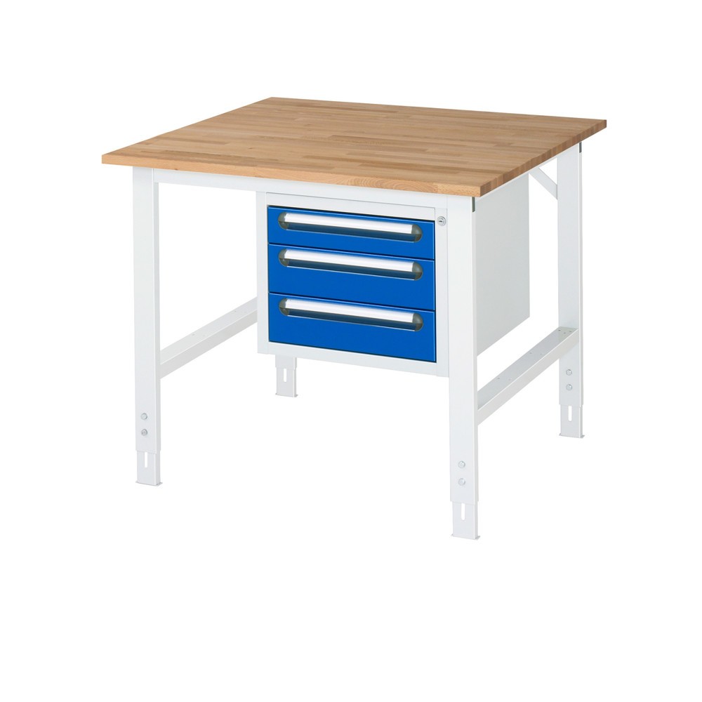 Produktabbildung Nr. 1: RAU höhenverstellbarer Werktisch Serie TOM, HxBxT 760-1.080 x 1.000 x 1.000 mm, 3 Schubladen, Arbeitsplatte Buche-Massiv