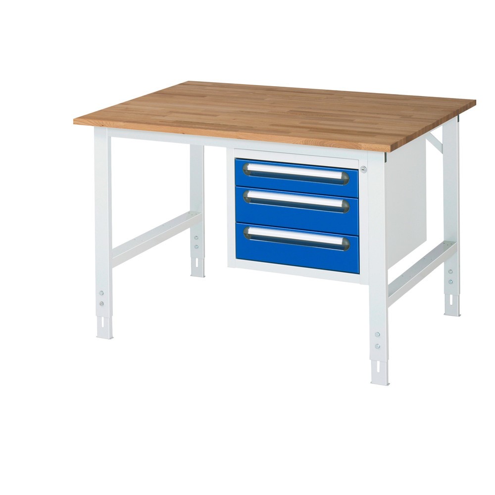Produktabbildung Nr. 1: RAU höhenverstellbarer Werktisch Serie TOM, HxBxT 760-1.080 x 1.250 x 1.000 mm, 3 Schubladen, Arbeitsplatte Buche-Massiv