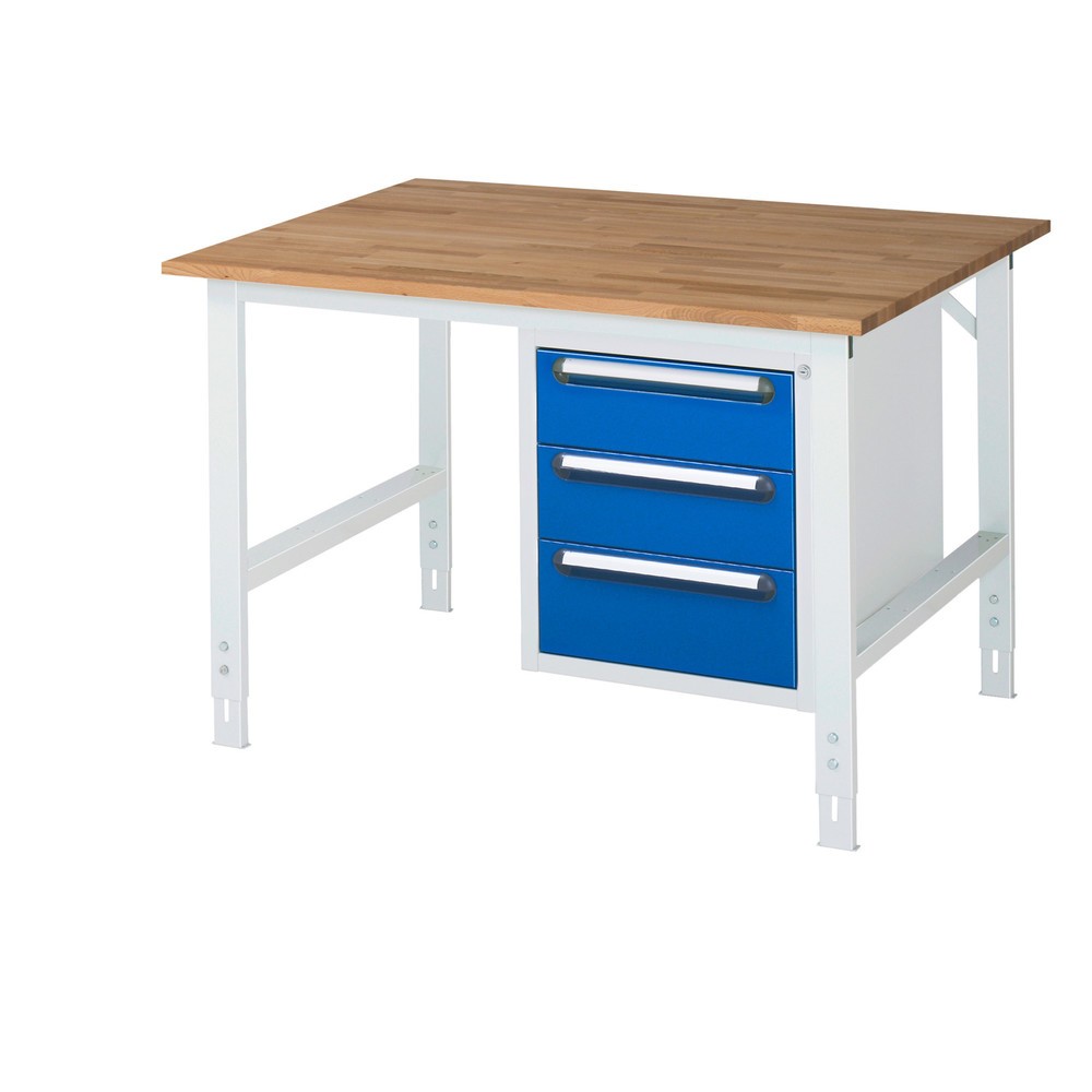 Produktabbildung Nr. 1: RAU höhenverstellbarer Werktisch Serie TOM, HxBxT 760-1.080 x 1.250 x 1.000 mm, 3 Schubladen, Arbeitsplatte Buche-Massiv
