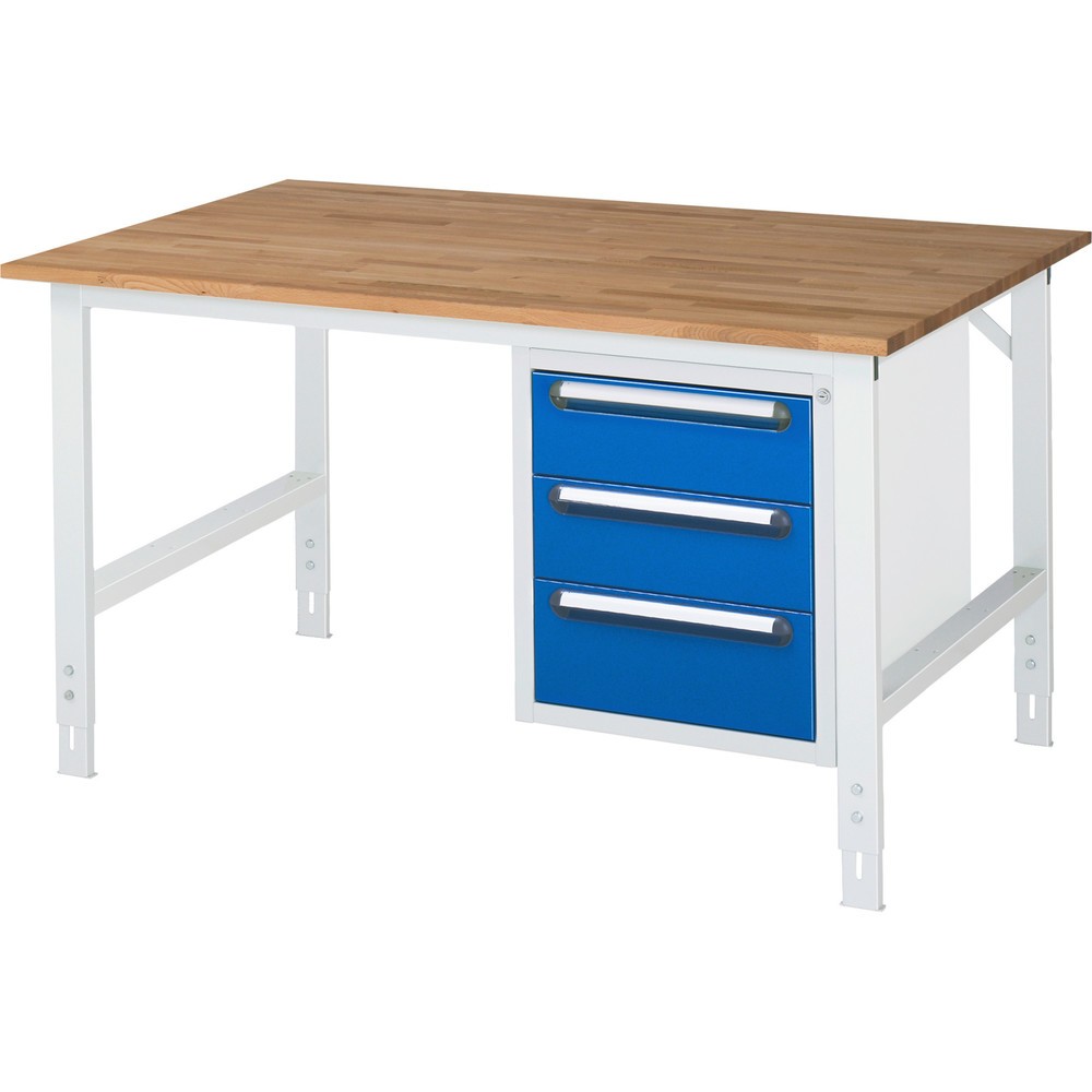 Produktabbildung Nr. 1: RAU höhenverstellbarer Werktisch Serie TOM, HxBxT 760-1.080 x 1.500 x 1.000 mm, 3 Schubladen, Arbeitsplatte Buche-Massiv