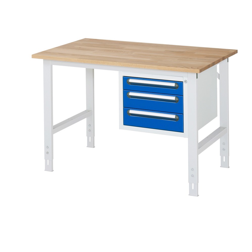 Produktabbildung Nr. 1: RAU höhenverstellbarer Werktisch Serie TOM, HxBxT 760-1.080 x 1.250 x 800 mm, 3 Schubladen, Arbeitsplatte Buche-Massiv