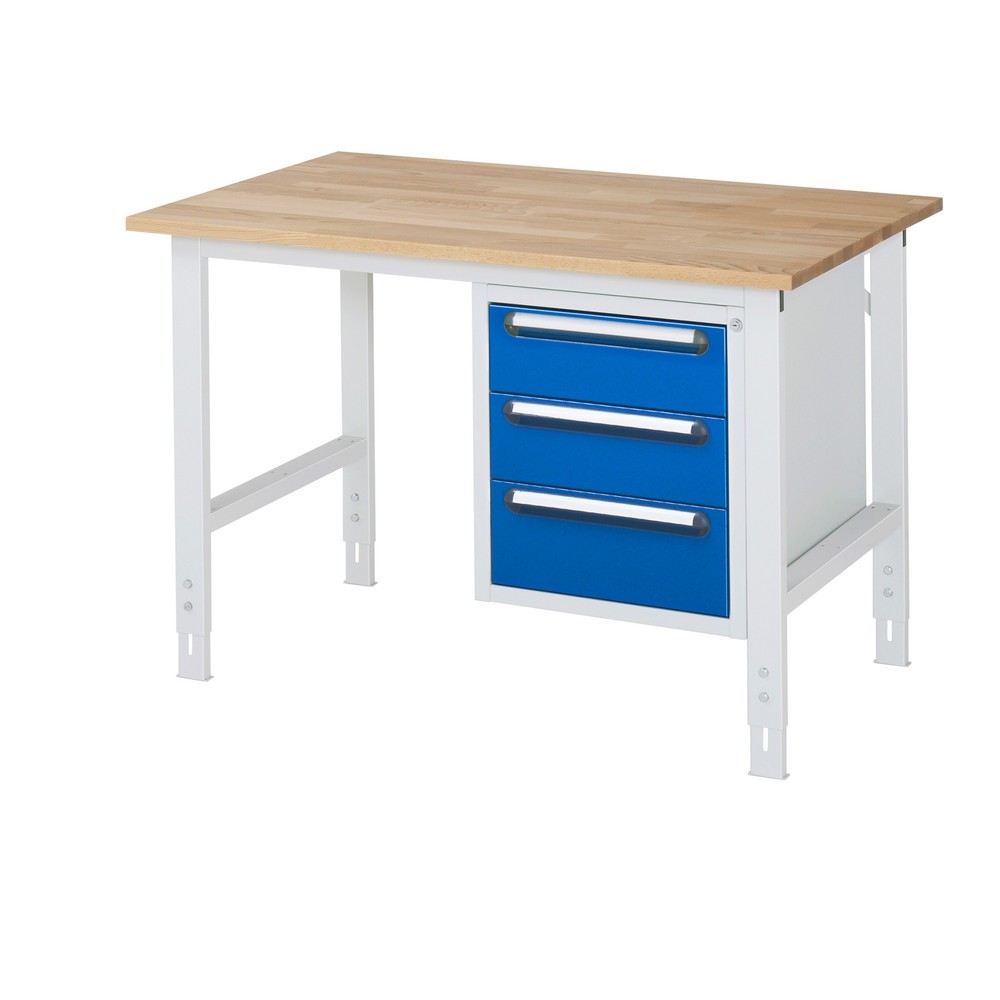 Produktabbildung Nr. 1: RAU höhenverstellbarer Werktisch Serie TOM, HxBxT 760-1.080 x 1.250 x 800 mm, 3 Schubladen, Arbeitsplatte Buche-Massiv