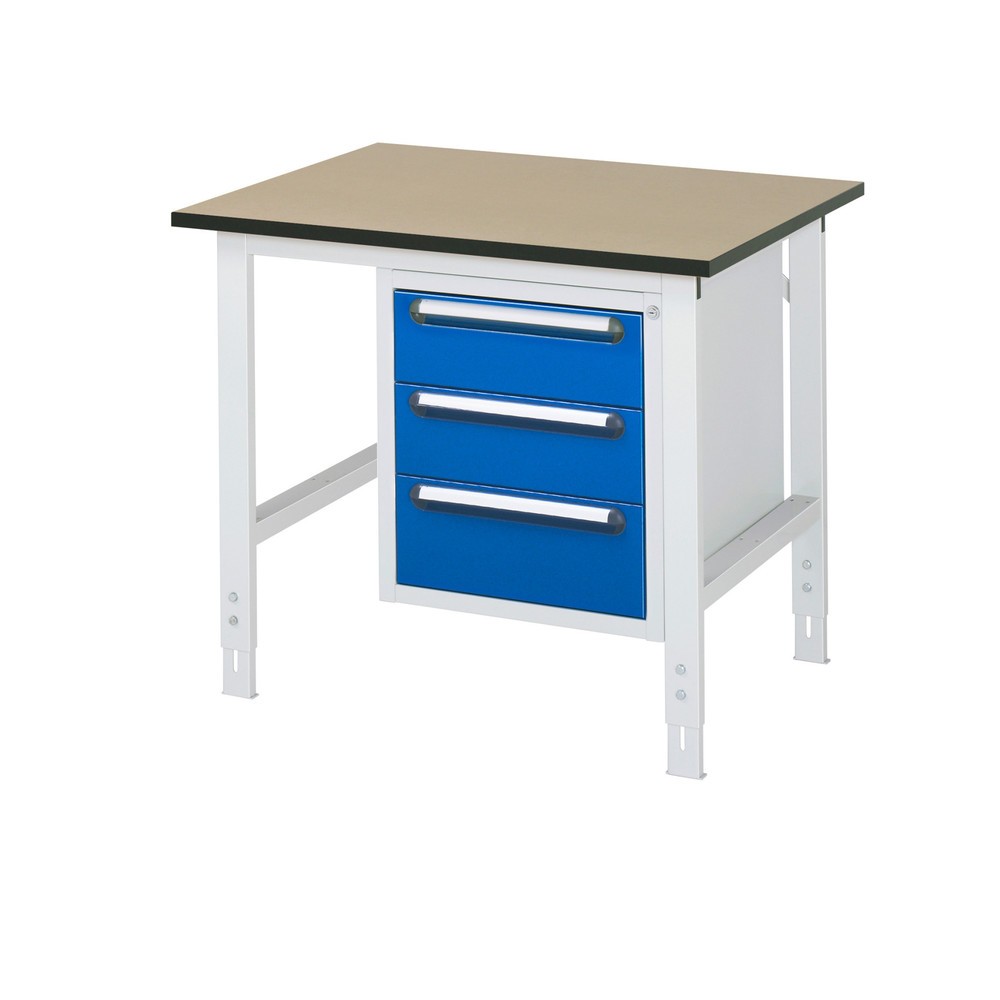 Produktabbildung: RAU höhenverstellbarer Werktisch Serie TOM, HxBxT 760-1.080 x 1.000 x 800 mm, 3 Schubladen, MDF Arbeitsplatte