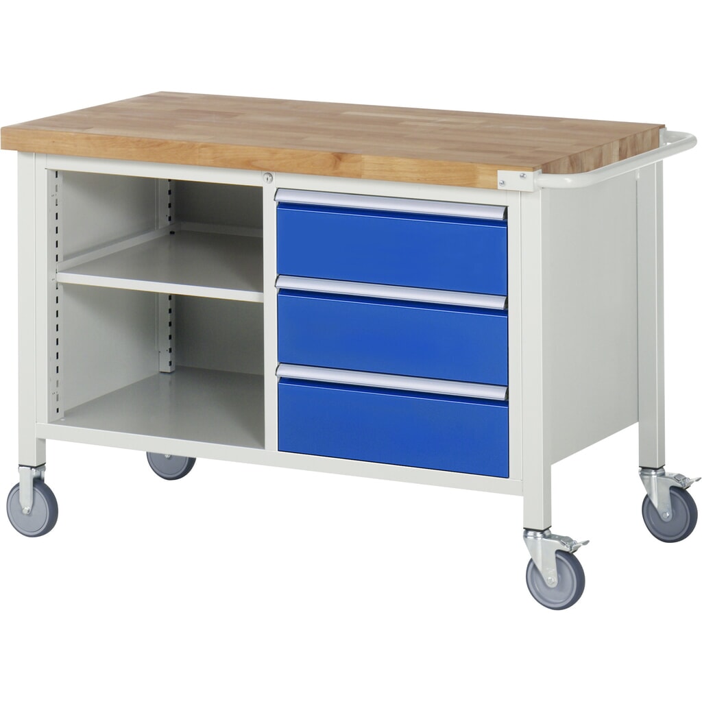 RAU mobile Werkbank Serie 8000, 1 Doppel-Container, 1 Fachboden, HxBxT 880-1.080 x 1.250 x 700 mm, 3 x 90%-Auszug-Schubladen Produktabbildung: RAU mobile Werkbank Serie 8000, 1 Doppel-Container, 1 Fachboden, HxBxT 880-1.080 x 1.250 x 700 mm, 3 x 90%-Auszug-Schubladen