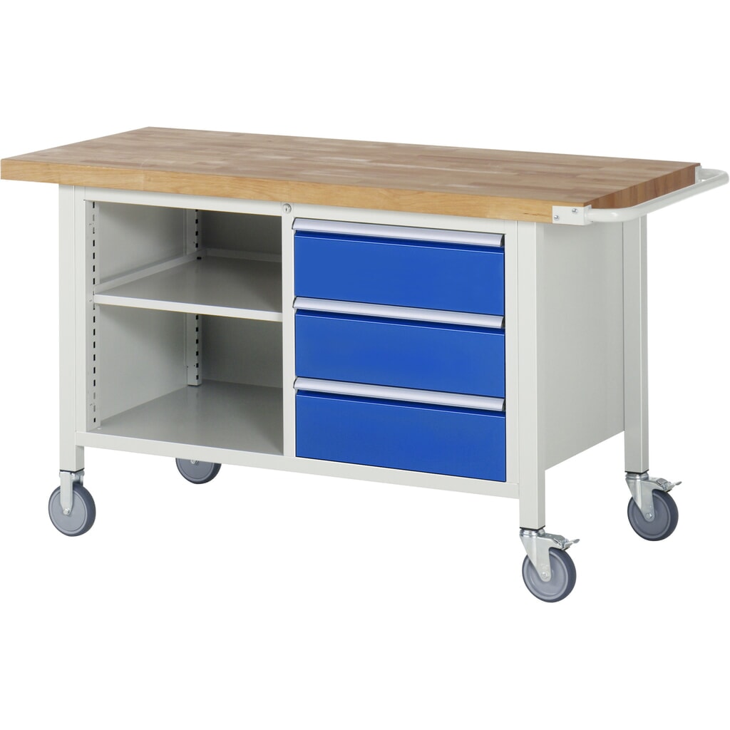 RAU mobile Werkbank Serie 8000, 1 Doppel-Container, 1 Fachboden, HxBxT 880 x 1.500 x 700 mm, 3 x 90%-Auszug-Schubladen, ErgoScript Produktabbildung: RAU mobile Werkbank Serie 8000, 1 Doppel-Container, 1 Fachboden, HxBxT 880 x 1.500 x 700 mm, 3 x 90%-Auszug-Schubladen, ErgoScript