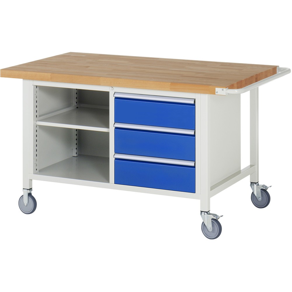 Produktabbildung Nr. 1: RAU mobile Werkbank Serie 8000, 1 Doppel-Container, 1 Fachboden, HxBxT 880 x 1.500 x 900 mm, 3 x 90%-Auszug-Schubladen