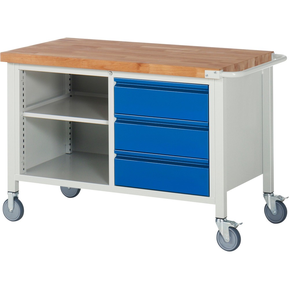 Produktabbildung Nr. 1: RAU mobile Werkbank Serie 8000, 1 Doppel-Container, 1 Fachboden, HxBxT 880 x 1.250 x 700 mm, 3 x 90%-Auszug-Schubladen, integrierte Griffleiste