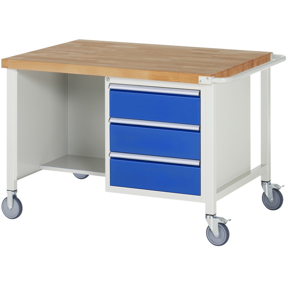 Produktabbildung: RAU mobile Werkbank Serie 8000, 1 Doppel-Container, 1 Ablageboden, HxBxT 880 x 1.250 x 900 mm, 3 x 90%-Auszug-Schubladen, ErgoScript