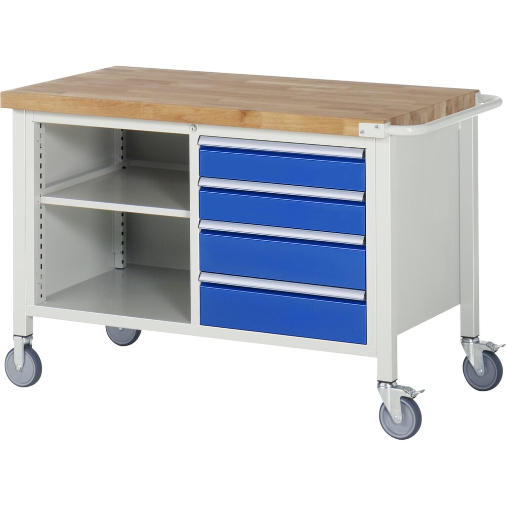 RAU mobile Werkbank Serie 8000, 1 Doppel-Container, 1 Fachboden, HxBxT 880-1.080 x 1.250 x 700 mm, 4 x 90%-Auszug-Schubladen Produktabbildung: RAU mobile Werkbank Serie 8000, 1 Doppel-Container, 1 Fachboden, HxBxT 880-1.080 x 1.250 x 700 mm, 4 x 90%-Auszug-Schubladen
