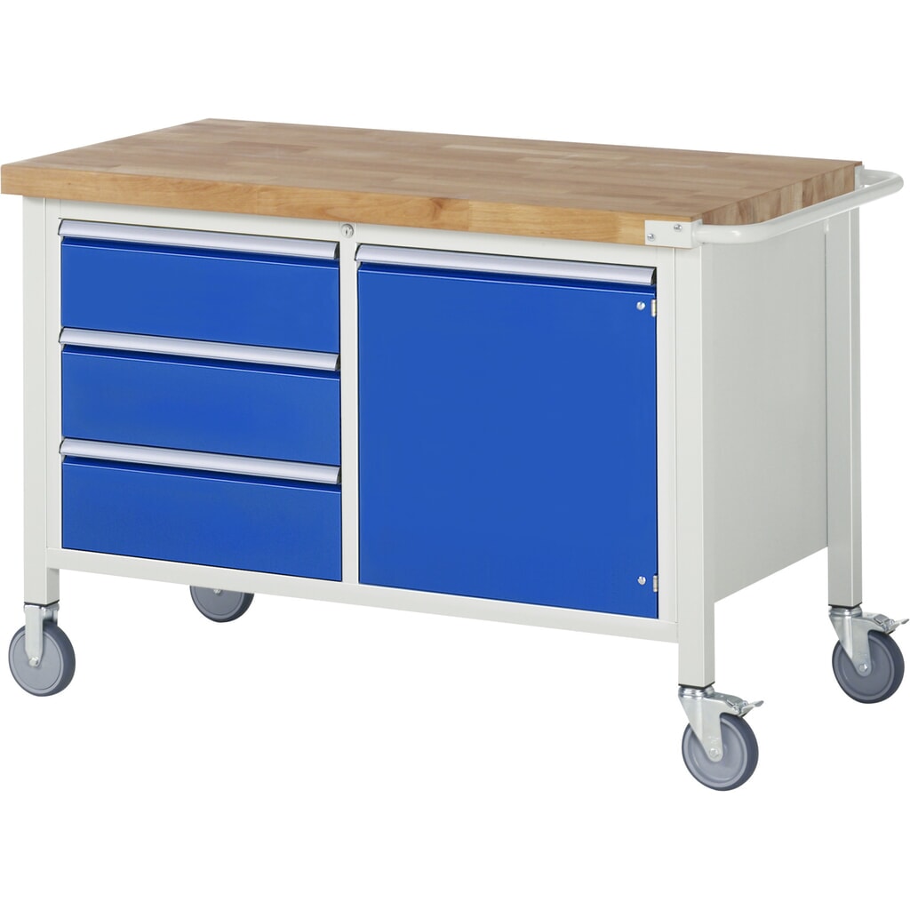 RAU mobile Werkbank Serie 8000, 1 Doppel-Container, 1 Flügeltür, HxBxT 880-1.080 x 1.250 x 700 mm, 3 x 90%-Auszug-Schubladen Produktabbildung: RAU mobile Werkbank Serie 8000, 1 Doppel-Container, 1 Flügeltür, HxBxT 880-1.080 x 1.250 x 700 mm, 3 x 90%-Auszug-Schubladen