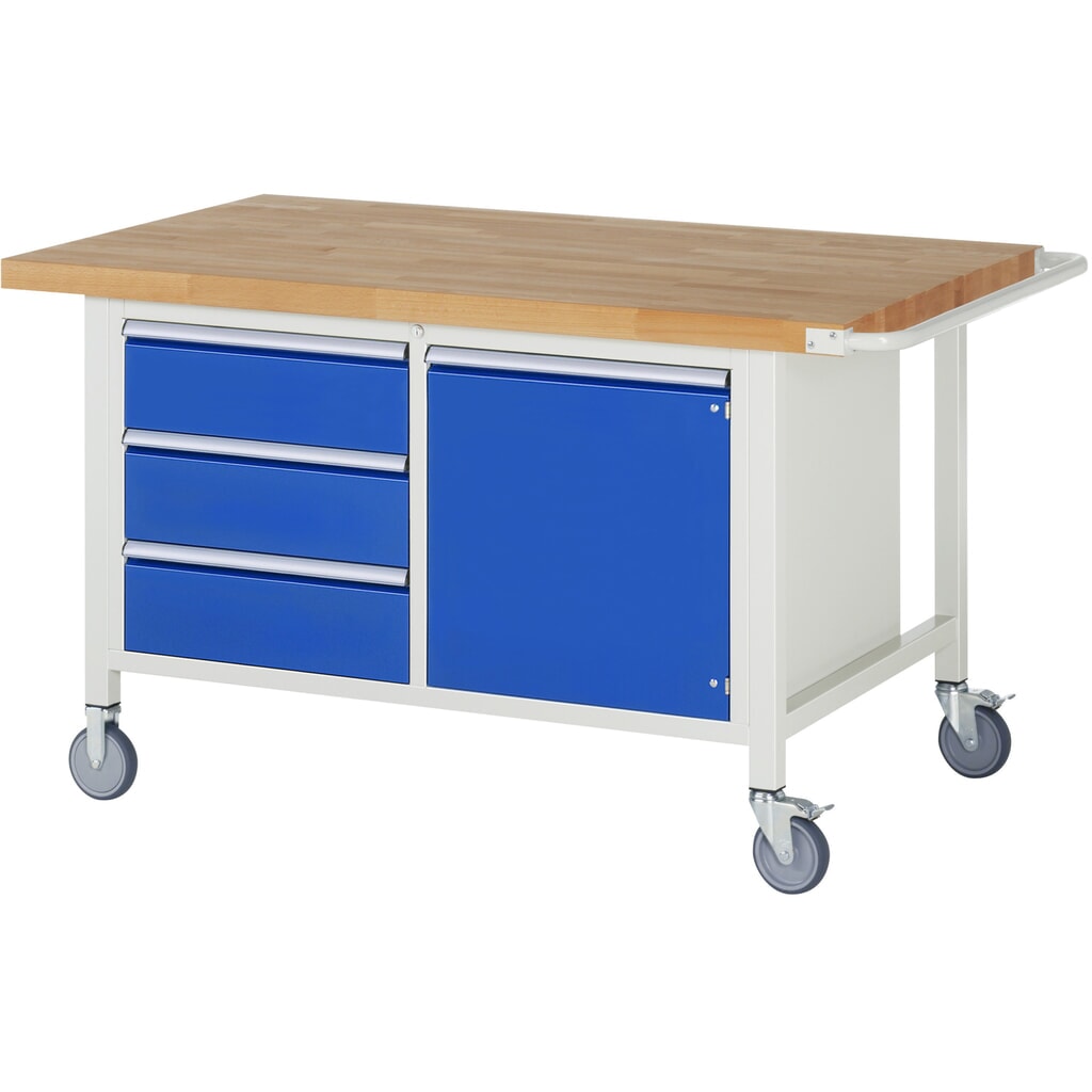 Produktabbildung: RAU mobile Werkbank Serie 8000, 1 Doppel-Container, 1 Flügeltür, HxBxT 880 x 1.500 x 900 mm, 3 x 90%-Auszug-Schubladen