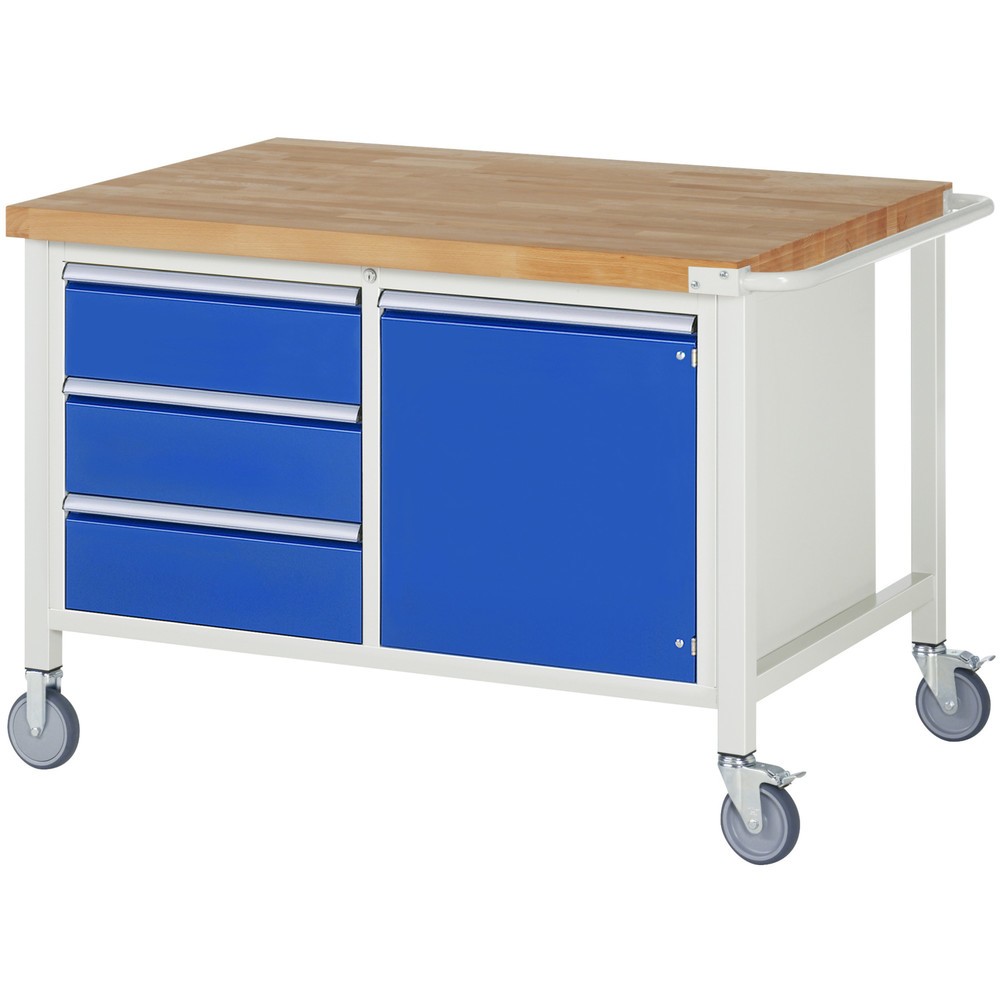 Produktabbildung: RAU mobile Werkbank Serie 8000, 1 Doppel-Container, 1 Flügeltür, HxBxT 880 x 1.250 x 900 mm, 3 x 90%-Auszug-Schubladen