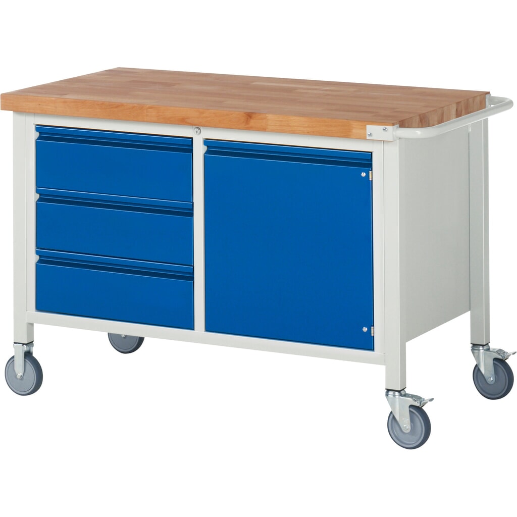 Produktabbildung Nr. 1: RAU mobile Werkbank Serie 8000, 1 Doppel-Container, 1 Flügeltür, HxBxT 880 x 1.250 x 700 mm, 3 x 90%-Auszug-Schubladen, integrierte Griffleiste