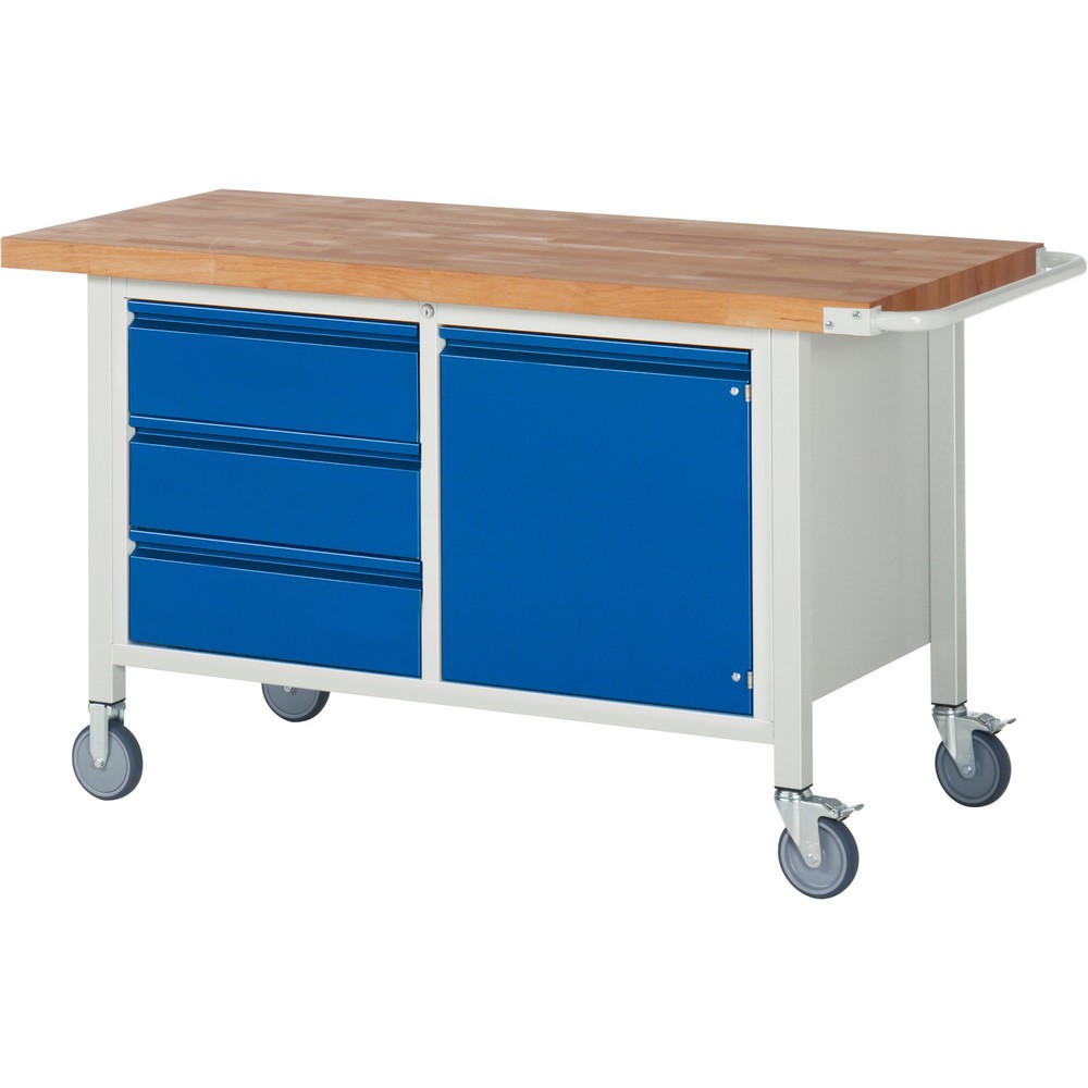 Produktabbildung Nr. 1: RAU mobile Werkbank Serie 8000, 1 Doppel-Container, 1 Flügeltür, HxBxT 880 x 1.500 x 700 mm, 3 x 90%-Auszug-Schubladen, integrierte Griffleiste