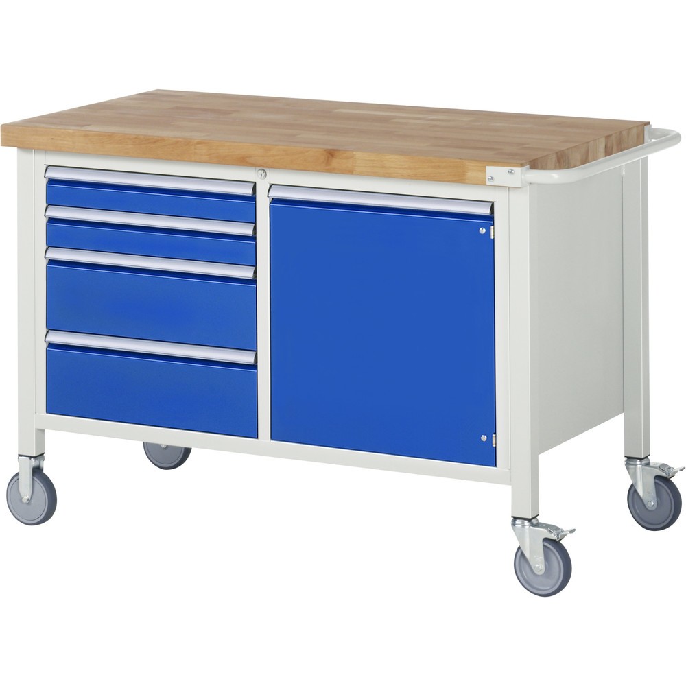 Produktabbildung: RAU mobile Werkbank Serie 8000, 1 Doppel-Container, 1 Flügeltür, HxBxT 880 x 1.250 x 700 mm, 4 x 90%-Auszug-Schubladen