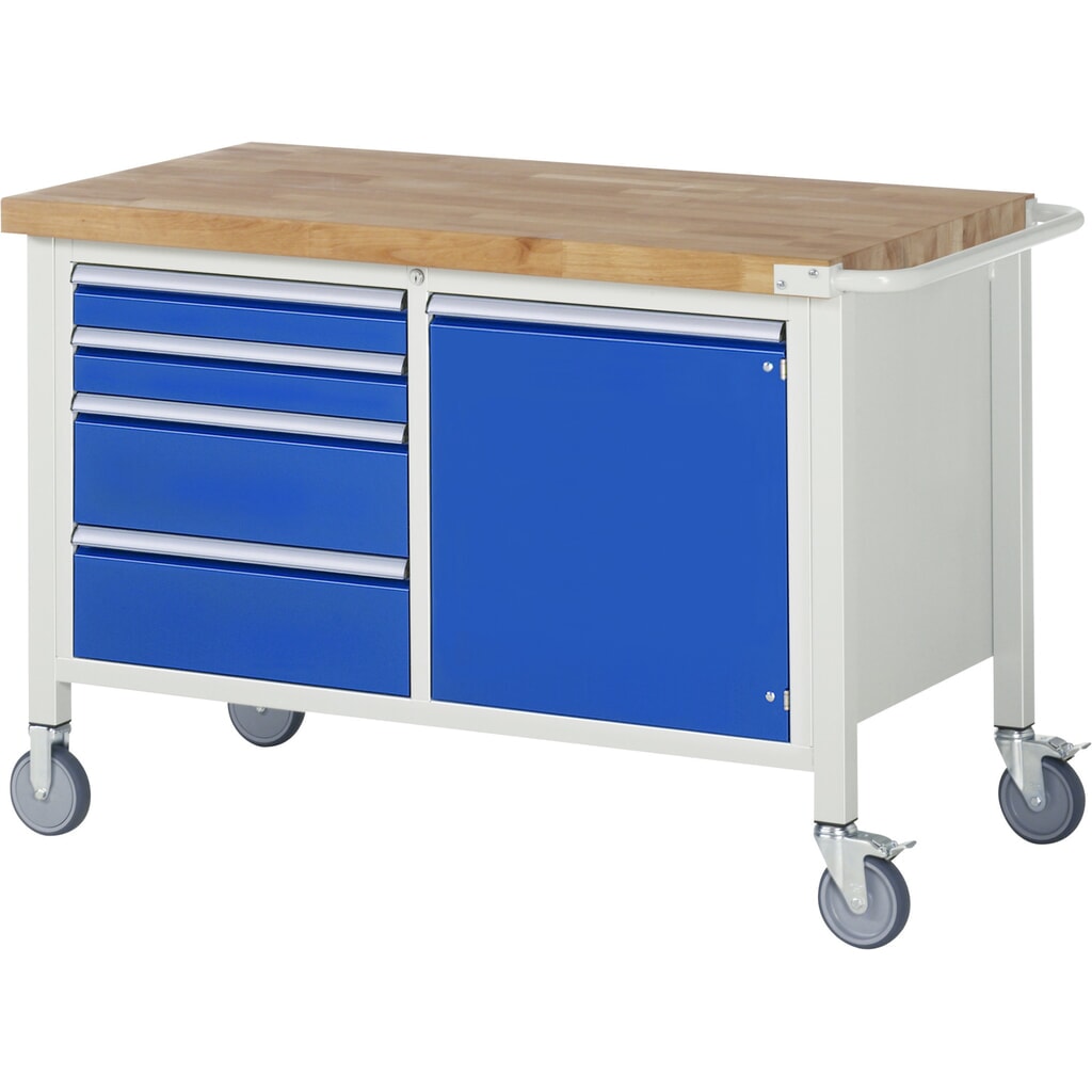 RAU mobile Werkbank Serie 8000, 1 Doppel-Container, 1 Flügeltür, HxBxT 880-1.080 x 1.250 x 700 mm, 4 x 90%-Auszug-Schubladen Produktabbildung: RAU mobile Werkbank Serie 8000, 1 Doppel-Container, 1 Flügeltür, HxBxT 880-1.080 x 1.250 x 700 mm, 4 x 90%-Auszug-Schubladen