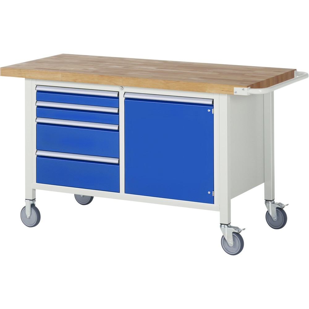 Produktabbildung: RAU mobile Werkbank Serie 8000, 1 Doppel-Container, 1 Flügeltür, HxBxT 880 x 1.500 x 700 mm, 4 x 90%-Auszug-Schubladen