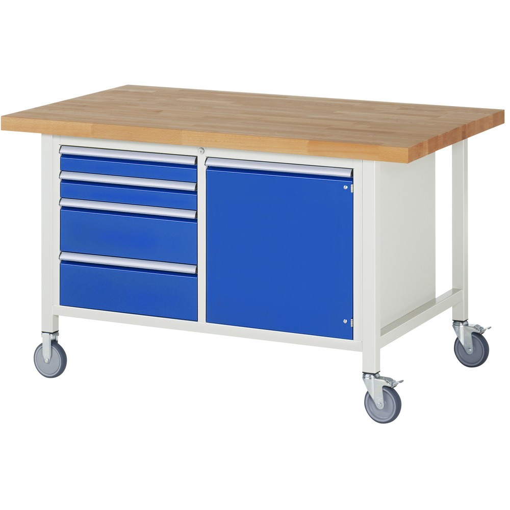 Produktabbildung: RAU mobile Werkbank Serie 8000, 1 Doppel-Container, 1 Flügeltür, HxBxT 880-1.080 x 1.500 x 900 mm, 4 x 90%-Auszug-Schubladen