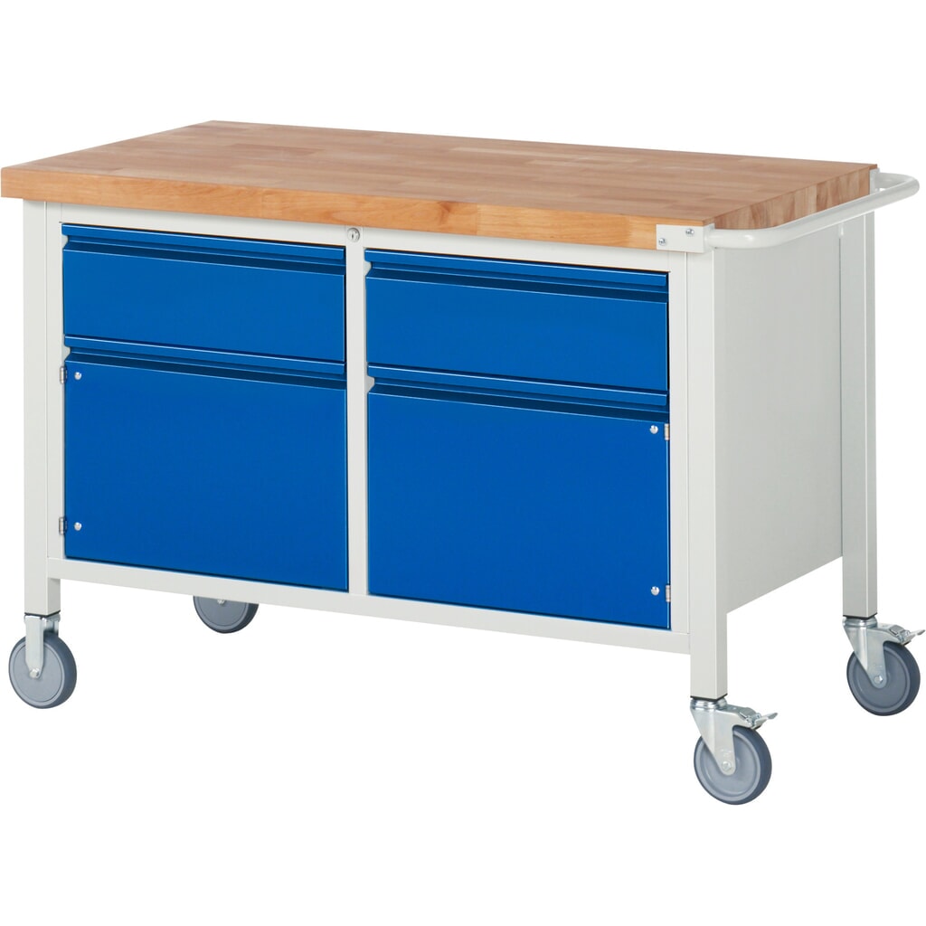 RAU mobile Werkbank Serie 8000, 1 Doppel-Container, 2 Flügeltüren, HxBxT 880 x 1.250 x 700 mm, 2 x 90%-Auszug-Schubladen, integrierte Griffleiste Produktabbildung: RAU mobile Werkbank Serie 8000, 1 Doppel-Container, 2 Flügeltüren, HxBxT 880 x 1.250 x 700 mm, 2 x 90%-Auszug-Schubladen, integrierte Griffleiste