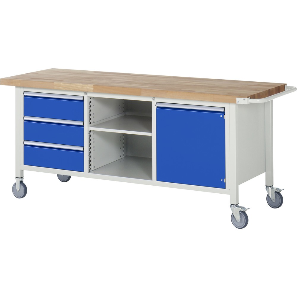 Produktabbildung Nr. 1: RAU mobile Werkbank Serie 8000, 1 Dreifach-Container, 1 Fachboden, 1 Flügeltür, HxBxT 880 x 2.000 x 700 mm, 3 x 90%-Auszug-Schubladen, ErgoScript